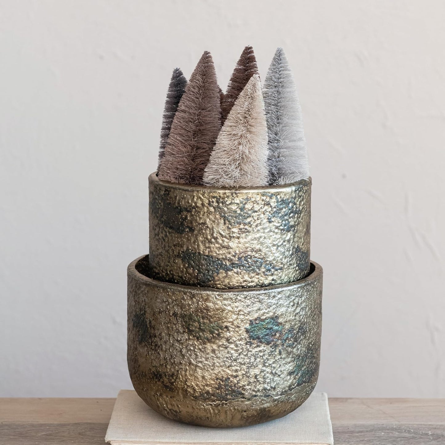 Creative Co-Op Round Metal Planters with Oxidized Finish, Antique Gold Finish, Set of 2