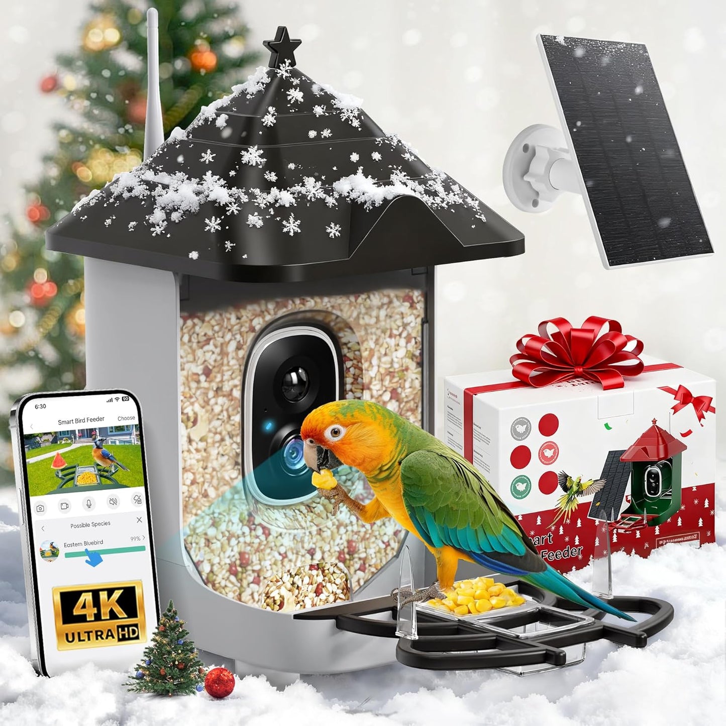 Smart Bird Feeder with Camera Solar Powered, 4K HD Live Video Bird Camera Feeder with AI Identifies,App Control,Instant Arrival Alert,Auto Capture,Motion Detection,IP65 Waterproof Bird House