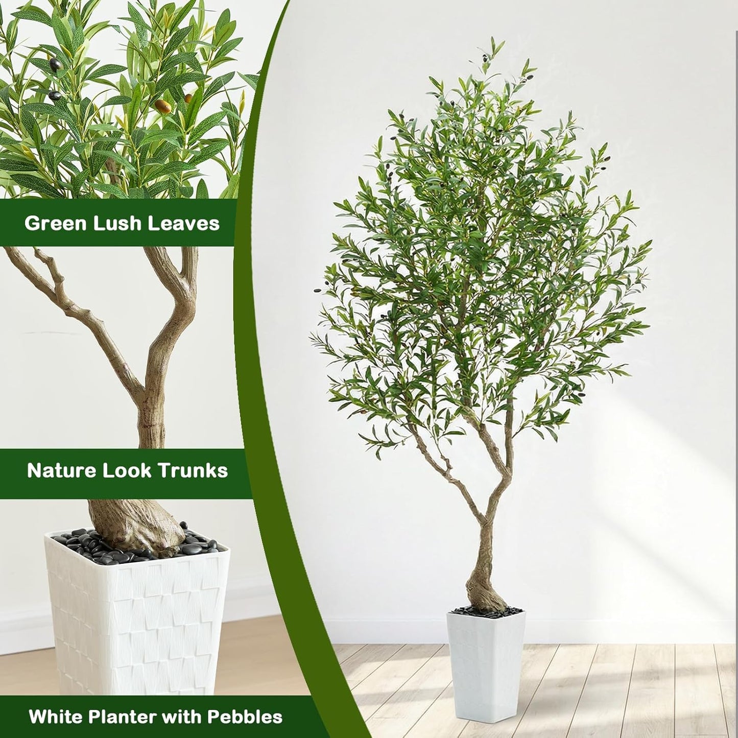 Artificial Olive Tree, 8FT Tall Faux Olive Trees with White Tall Planter & Pebbles, Fake Silk Plant with Natural Trunk & Lifelike Fruits, Fake Tree for Home Office Living Room Indoor Outdoor Decor