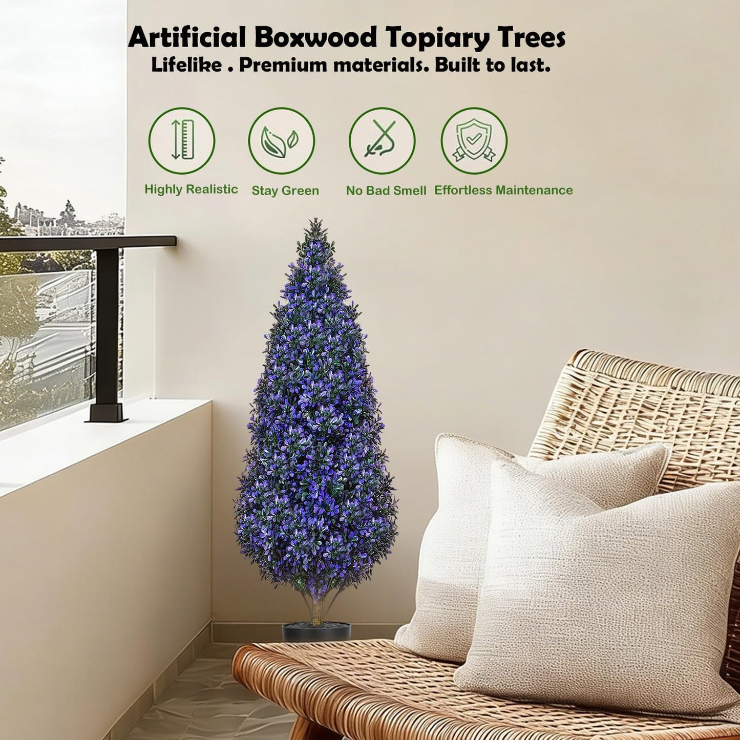 Easter Artificial Topiary Lavender Tree Plants Tree with Coloful Eggs, 3FT Outdoor Fake Boxwood with Planter & Spikes, UV Resistant Faux Greenery for Indoor Porch Office Spring Decor- Purple