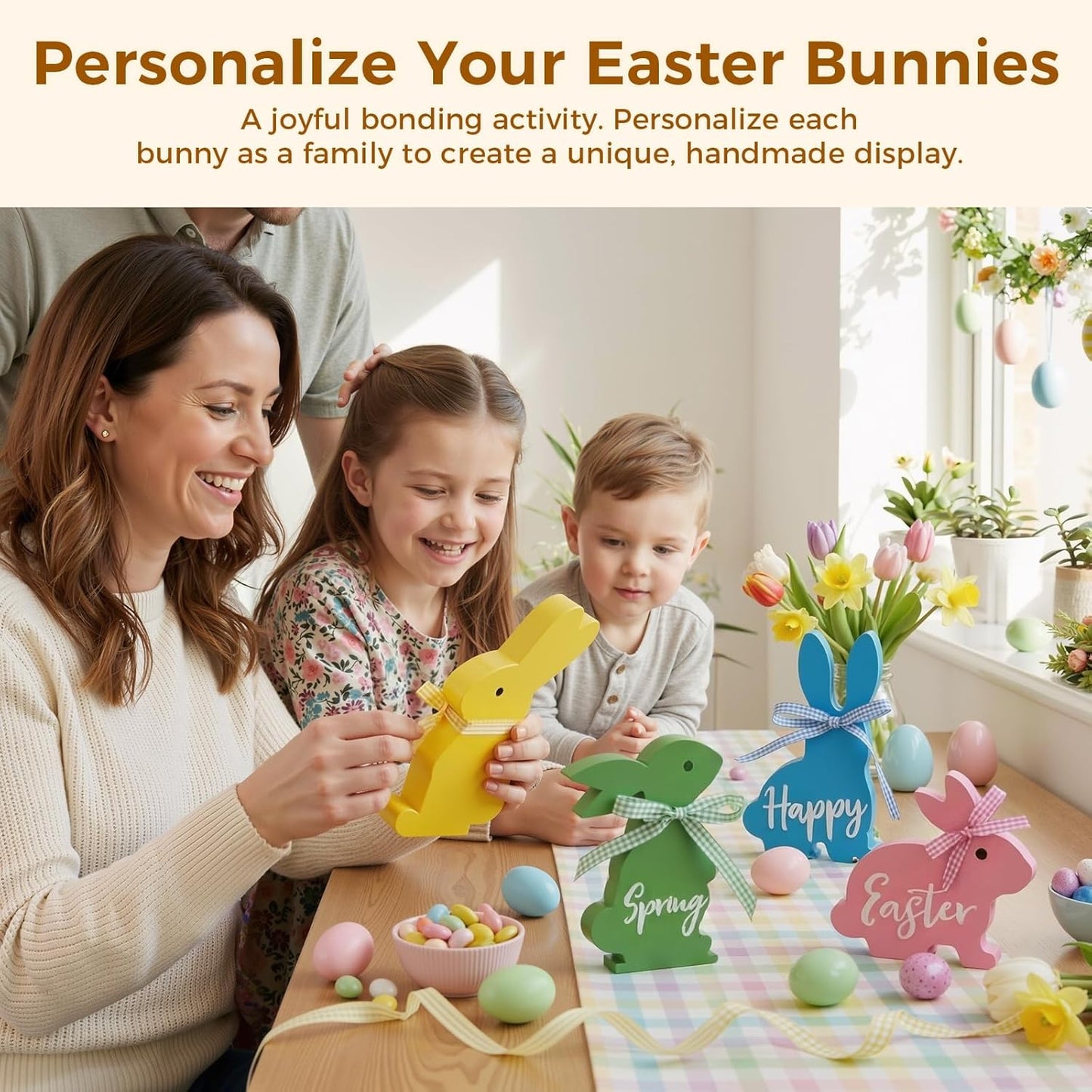 Easter Decor, 4 Pcs Bunny Spring Easter Decorations for Home Office Table, 5~6.4 Inches Wood Rabbit Easter Decorations Sign with Ribbons for Tiered Tray Mantel Shelf, Farmhouse Party Supplies