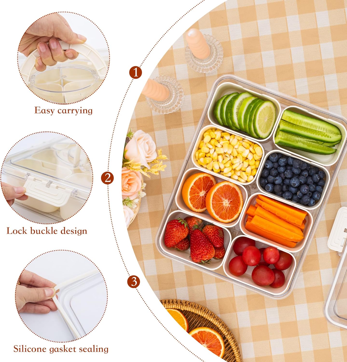 Divided Snack Serving Tray with Lid and Handle travel Snackle Box Charcuterie Container Portable Storage Organizer for Candy, Fruits, Nuts, Snacks 1Pack White