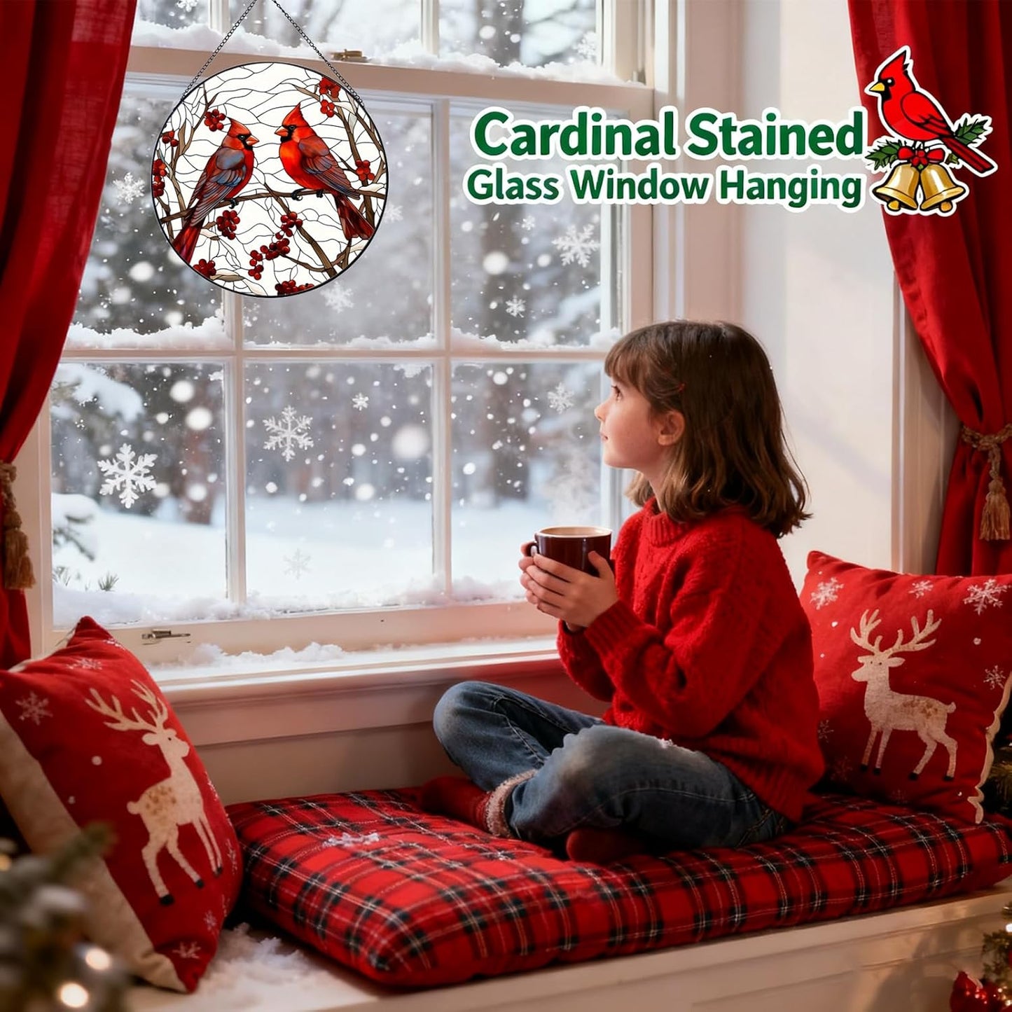 Red Cardinal Stained Glass Suncatcher - Handmade Christmas Window Hanging for Home Garden Deco