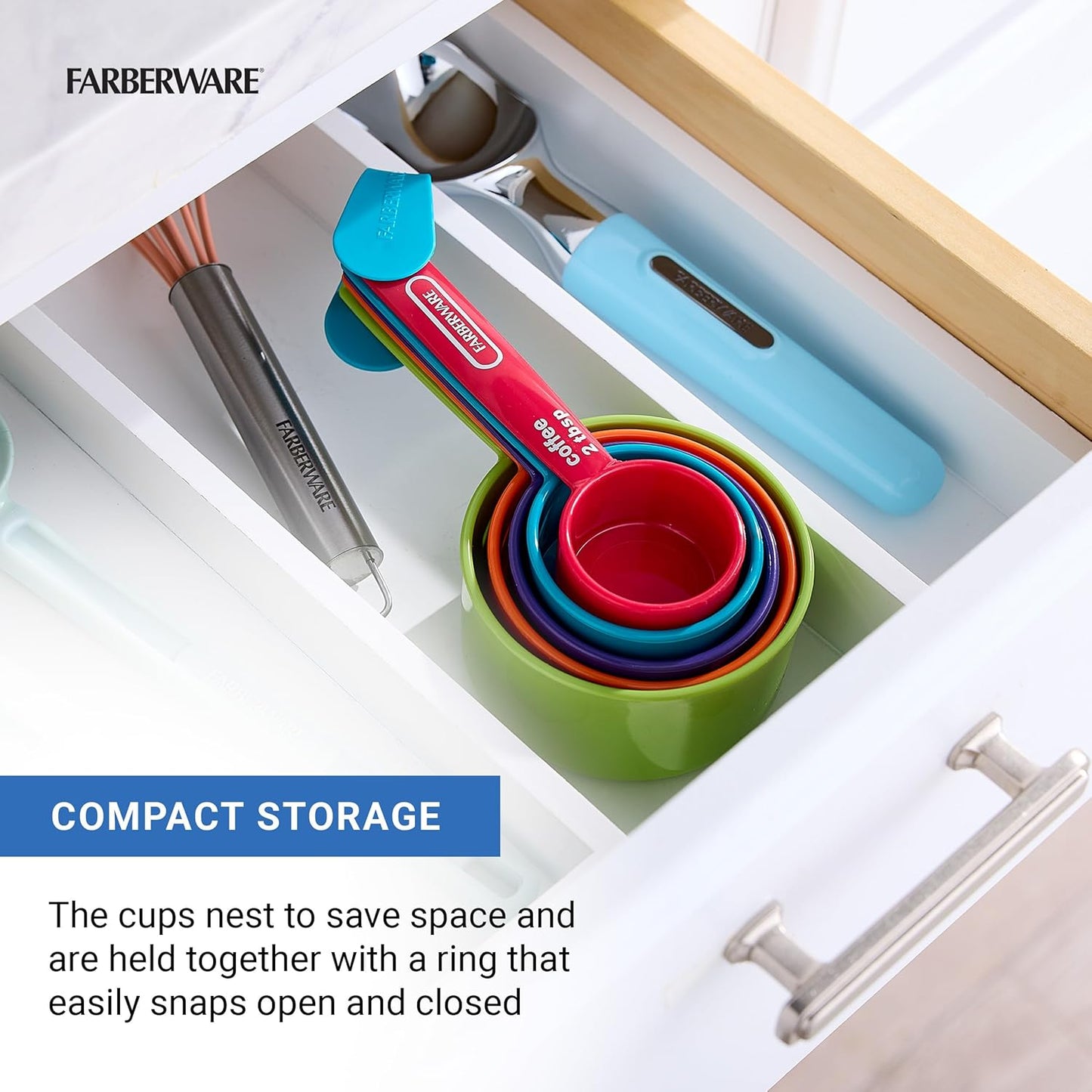 FARBERWARE 5-Piece Measuring Cup Set with Coffee Scoop, Durable Plastic Nesting Measuring Cups with Easy-Read Markings, BPA-Free, Dishwasher Safe