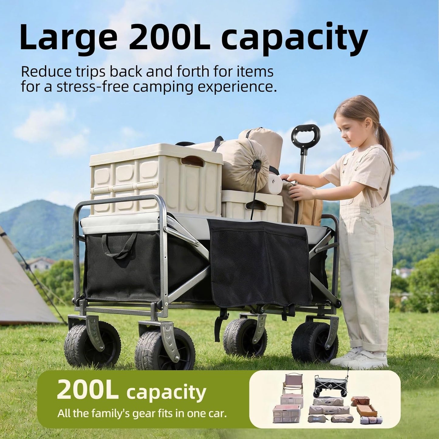 Collapsible Wagon - 600LBS Heavy-Duty Large Capacity Foldable Utility Cart, Oversized All-Terrain Wheels, 3-Second Quick Fold Beach Wagon for Camping, Gardening, Beach & Backcountry Trip（BLACK）