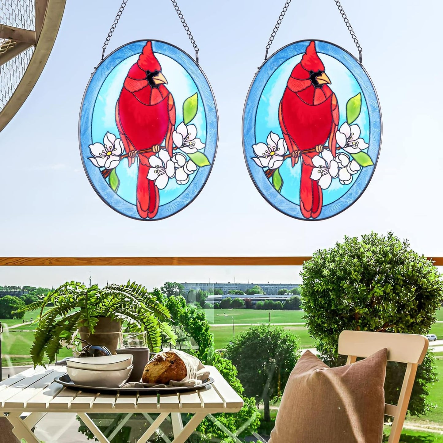 MUMTOP Stained Glass Window Hanging - 2 Pack Cardinal Suncatcher Hanging Ornaments Wall Art, Hand-Painted Glass Panel Home Decor for Grandma Gift Idea