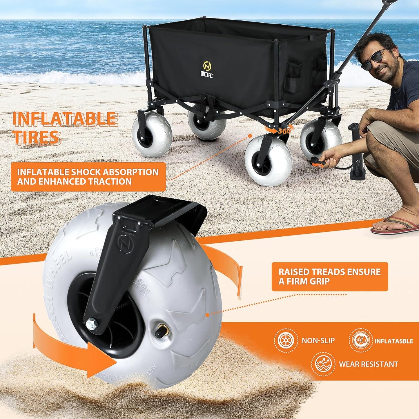 Nice C Beach Wagon, Heavy Duty Folding Utility Cart with 9" Balloon Wheels for Sand, 220 lbs Capacity, Adjustable Handle, Collapsible Beach Cart for Camping, Picnic, Outdoor, Groceries