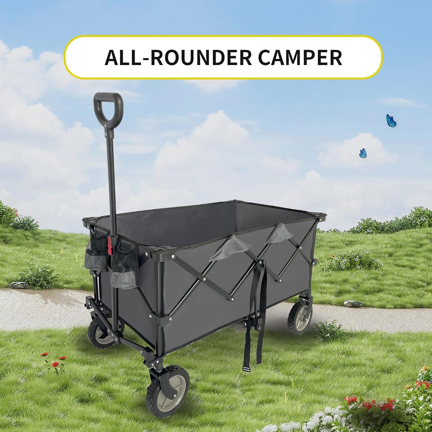 Outdoor Steel Wagon Cart Garden Wagon with Adjustable Handles 2 Cup Holders Wheels 220LBS Large Loading Capacity Collapsible