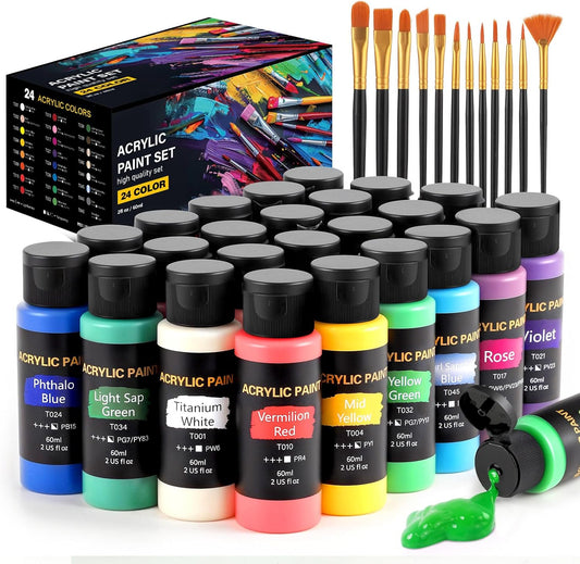TMOL Acrylic Paint Set, 24 Colors (2 oz/Bottle) with 12 Art Brushes, A