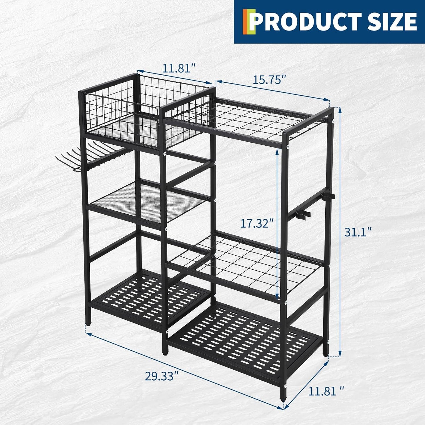CuisinSmart Garden Tool Organizer With Basket,3 Tier Yard Storage Rack,With 6 Shelves,Heavy Duty Holder With 35 Long-Handled Slots for Yard Shed and Lawn
