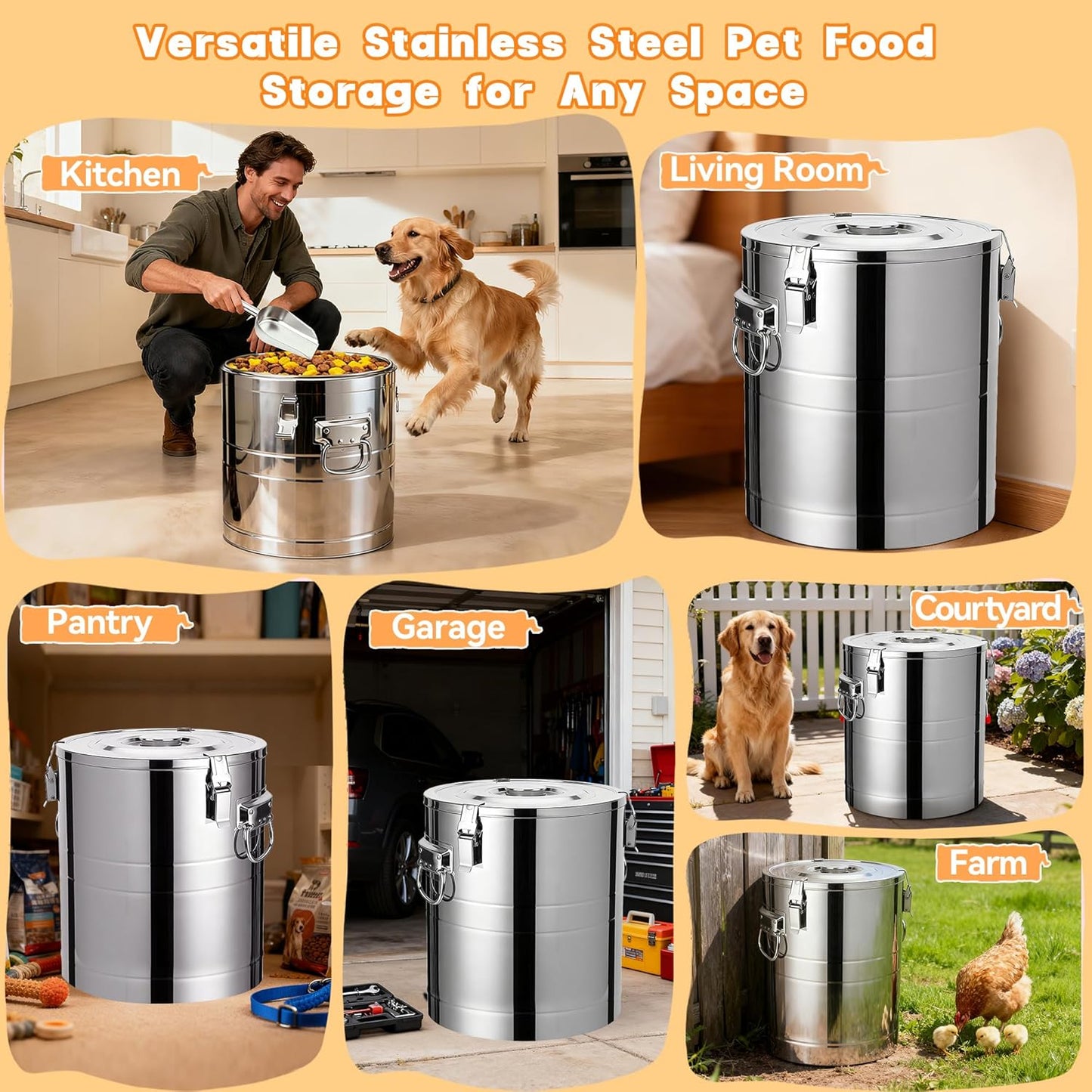 40lb Stainless Steel Dog Food Storage Container, Large Capacity Metal Pet Food Storage Container with Scoop, Airtight Dog & Cat Food Treat Bin for Dry Food Keep Fresh for Multi-Pet Households