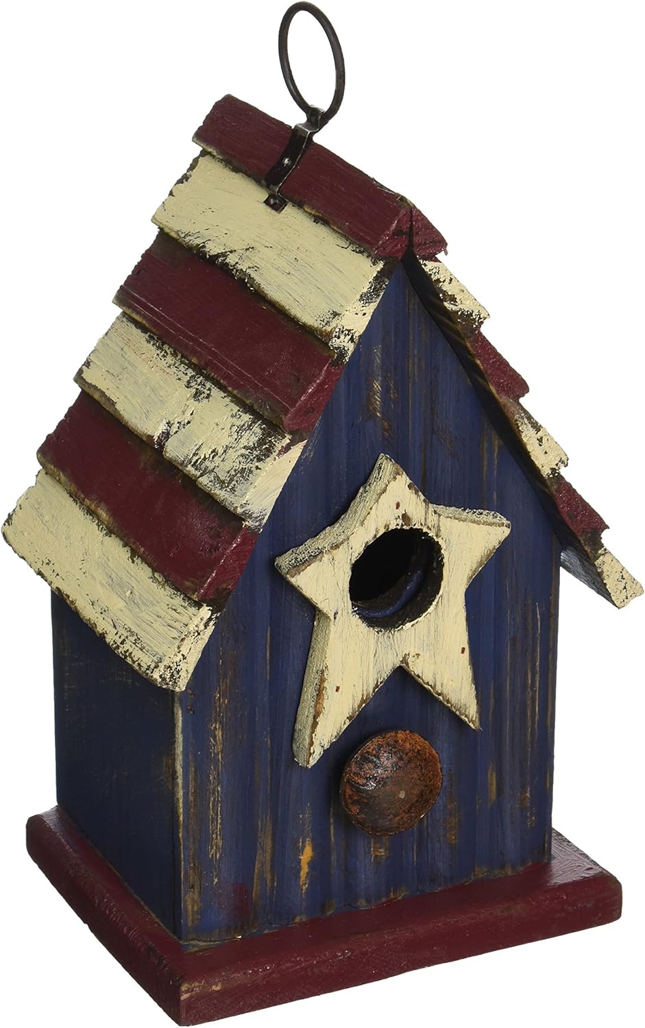 Glitzhome 9" H Patriotic Wooden Bird House, Hanging Birdhouses for Outdoors, Distressed Solid Wood Cottage Design with 3D Star, Garden Birdhouse for Bluebird Hummingbird Wren Finch Cardinals Cedar
