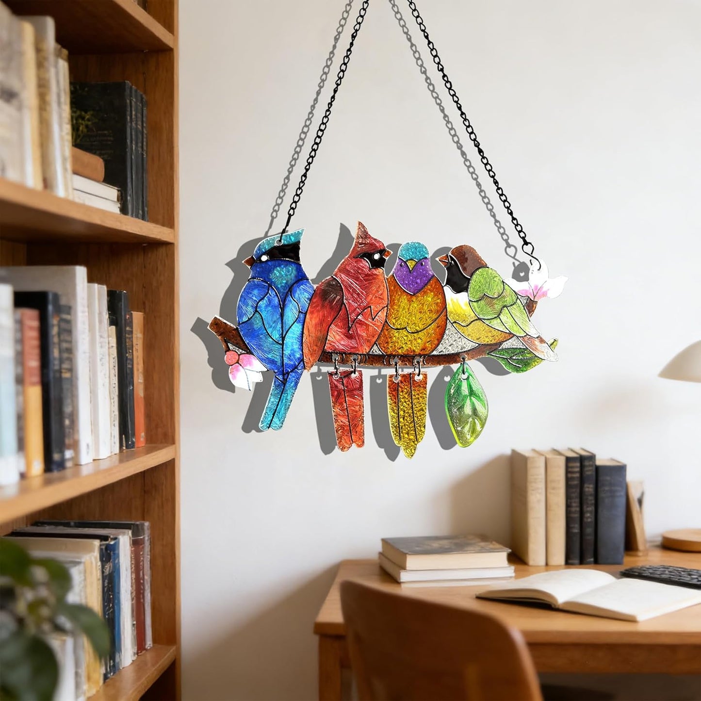 Stained Glass Window Hanging - Hummingbird on Branch Suncatcher Hand-Painted Double Side Stain Glass Cardinal Gifts Sun Catcher for Windows Doors Room Outdoor Home Decoration
