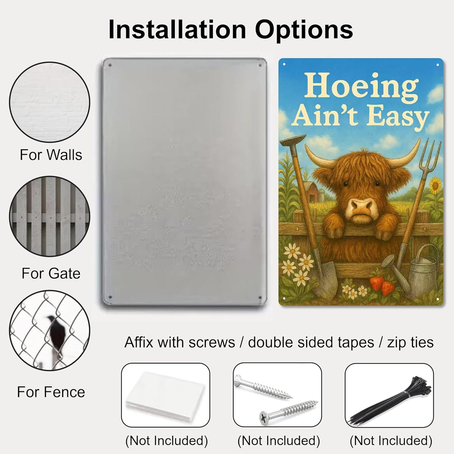 “Hoeing Ain’t Easy” Garden Sign, Funny Highland Cow Metal Yard Signs f