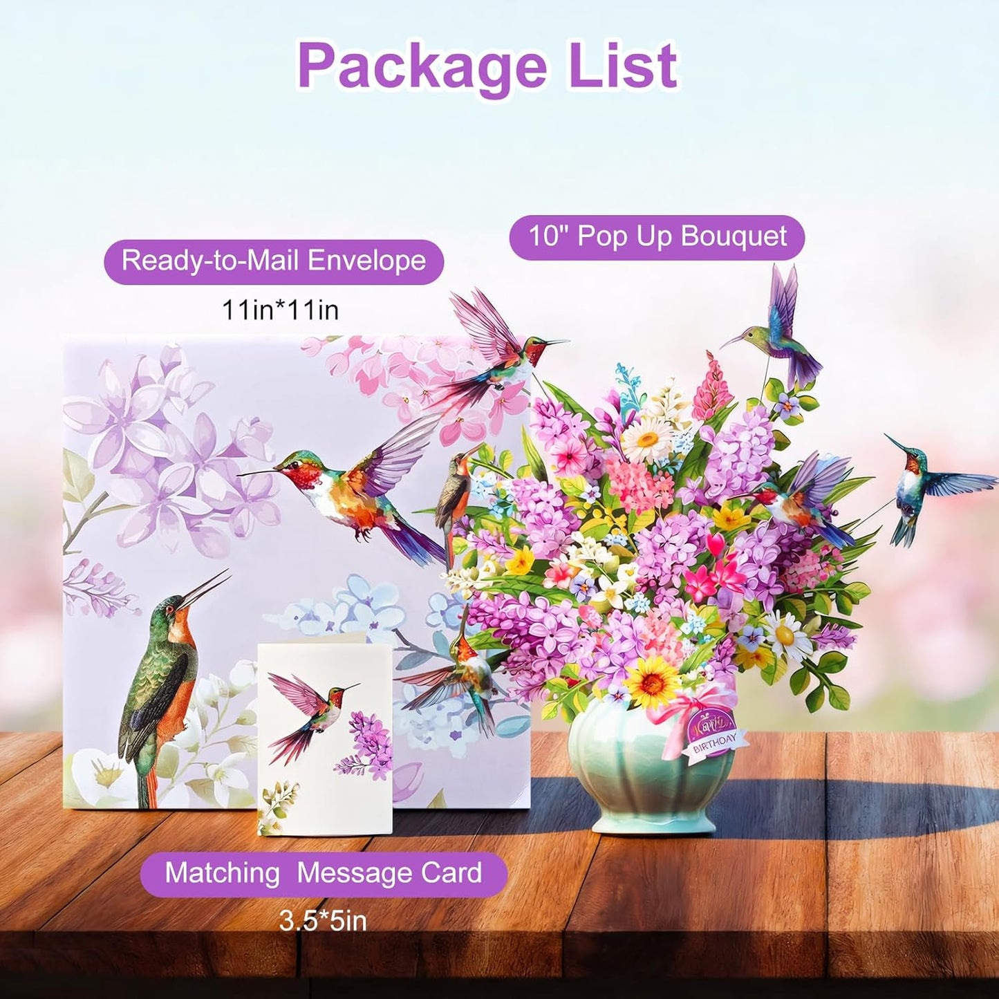 Birthday Cards, Light and Music Happy Birthday Card, Hummingbird Oasis, 10 Inch Life Sized Forever Flower Bouquet, 3D Pop Up Birthday Gift Card for Women Wife Mom Daughter Sister (Blank Notecard & Envelope)