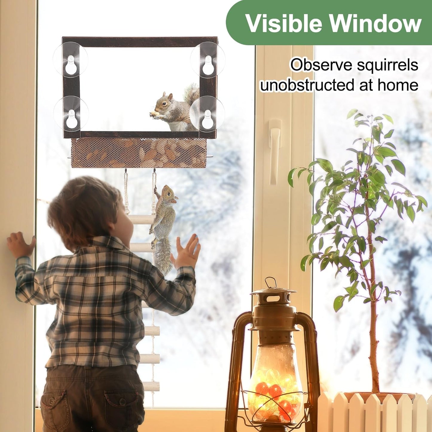 Enhon Window Squirrel Feeder, Metal Squirrel Feeders for Outside Winter with Strong Suction Cups & Ladders, Safe Funny Chipmunk Feeder, Feeding Shelter for Squirrels for Corn Peanuts