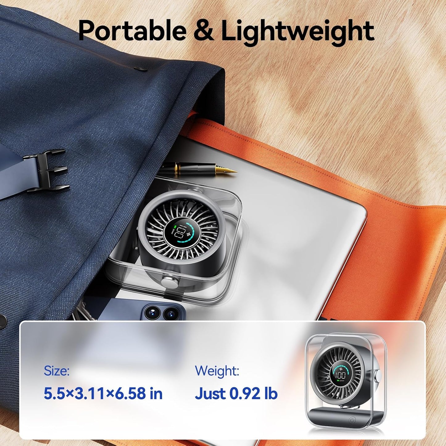 Rechargeable USB Desk Fan, Quiet Table Fan with Turbo Airflow, 100 Speeds, Digital Display, 90° Rotating, Small Battery Desktop Fans for Bedroom Home Office Travel, Black