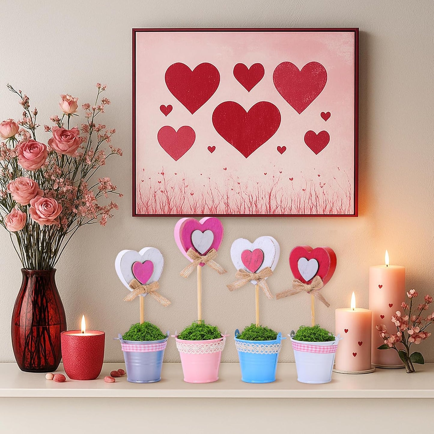4 Pcs Valentines Heart Pot Wood Decoration, Mini Rustic Candy Heart Potted Sign, Artificial Valentine's Day Plant Potted Tabletop for Centerpiece Tiered Tray Decor Gifts