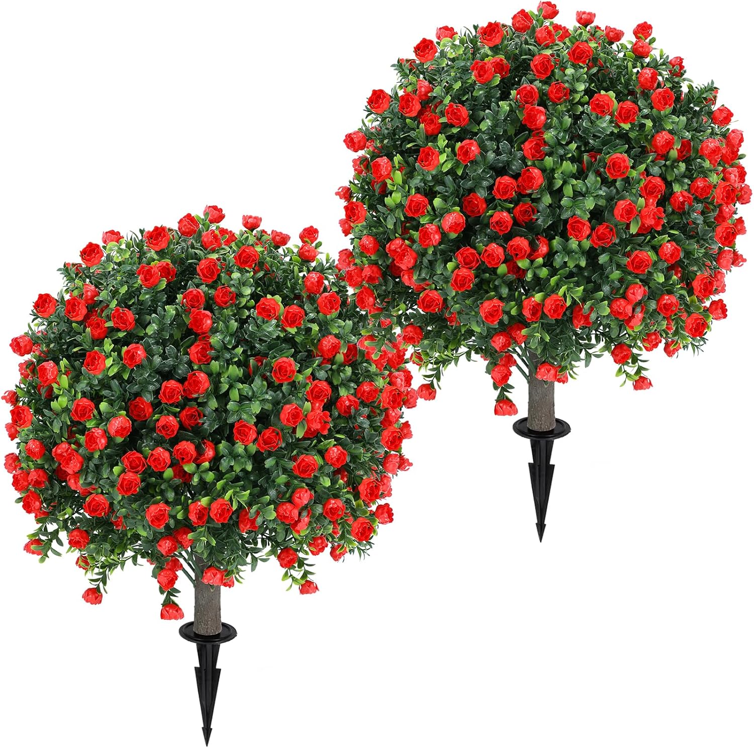 Artificial Red Rose Topiary Ball Tree 25" with Ground Spike, Set of 2 