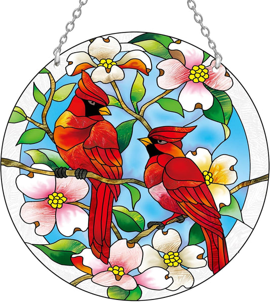 Cardinal Stained Glass Suncatcher, 8.6 inch Real Glass Window Hanging with Hook and Chain, Gift-Boxed Red Bird Decor for Bird Lovers, Mother’s Day and Christmas