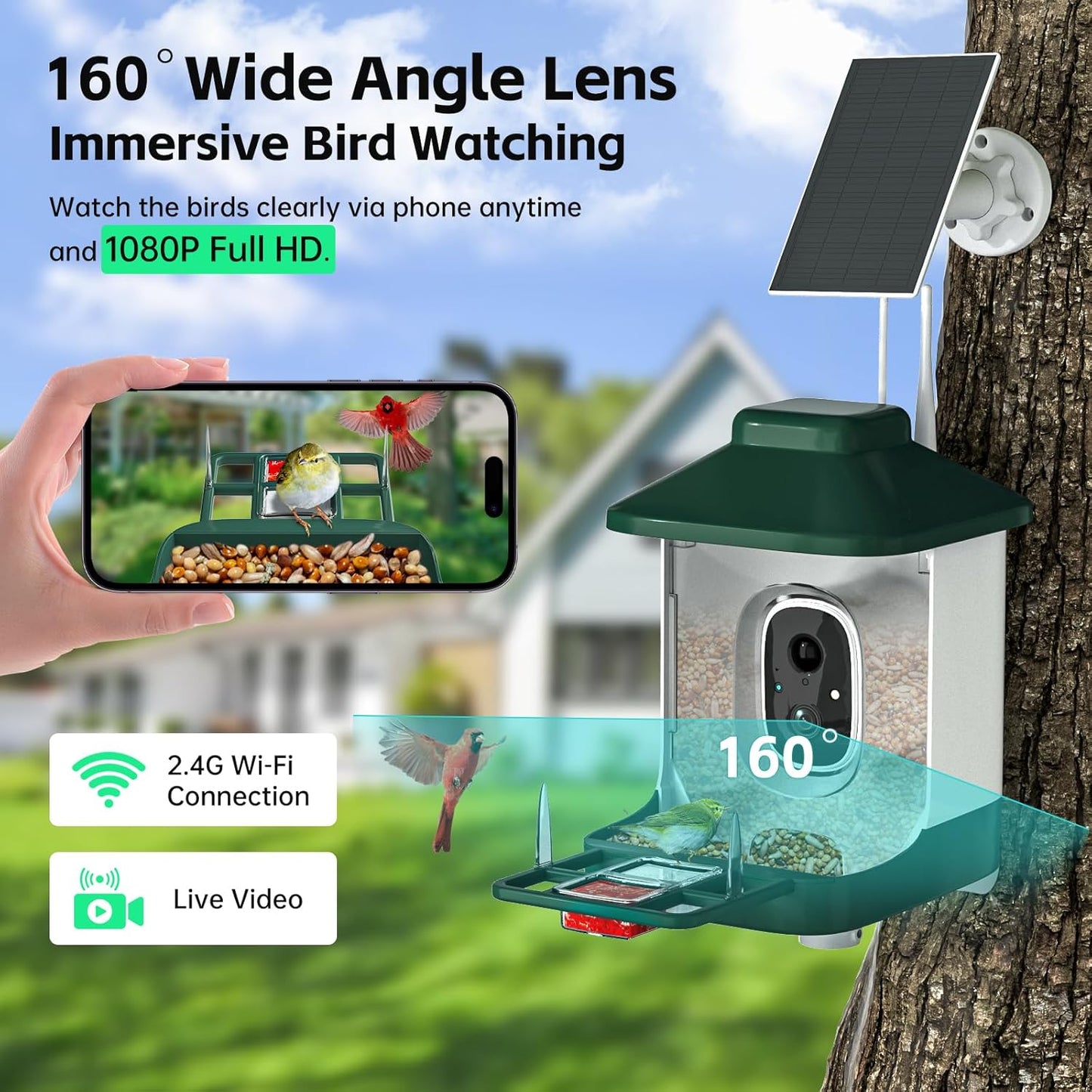 Smart Bird Feeder with Camera, AI Identify Bi rd Species Solar Powered,Full HD Live Video Bird Feeder Camera, 2.4Ghz WiFi, Instant Arrival Alerts - Best Gifts for Bi rd Lover