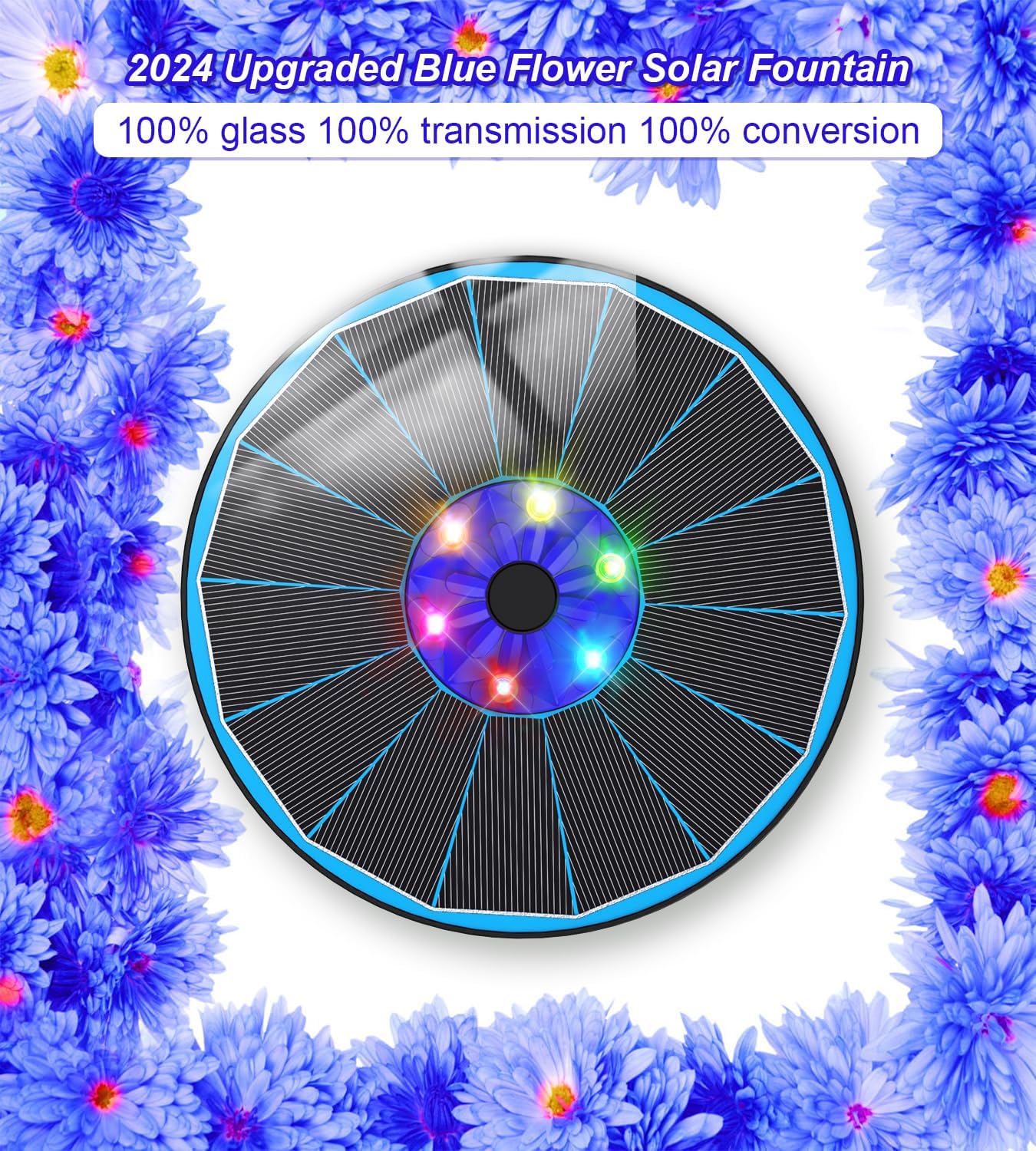 SZMP Solar Fountain Pump 3.5W Bird Bath Fountains with Blue Flower Upgraded Glass Panel, 7 Nozzle & 4 Fixer, Solar Powered Water Fountain for Garden, Pond, Outdoor (Colorful)