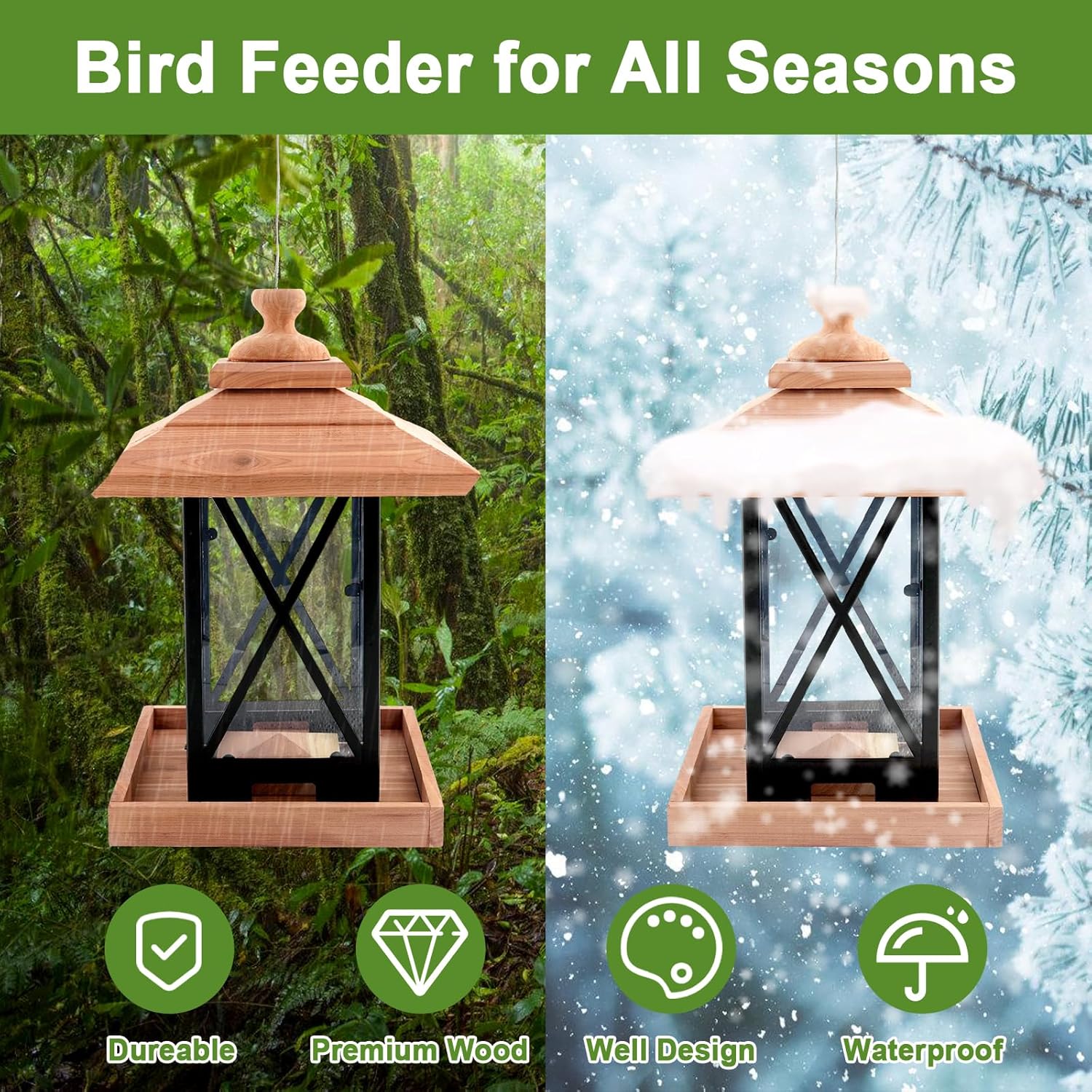 Cedar & Metal Frame Bird Feeder for Outdoors Hanging Mount Large Capac