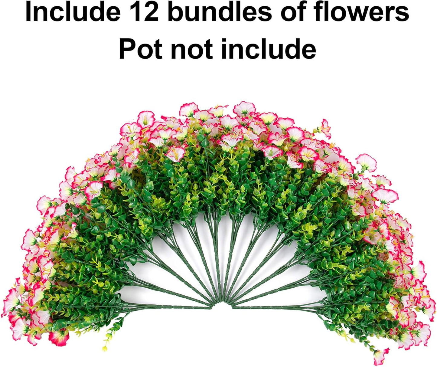 Artificial Fake Spring Outdoor Plants Flowers, 12 Bundles Outside Faux Silk Pink Morning Glory with Eucalyptus Realistic UV Resistant for Planter Pot Porch Garden Yard Patio Balcony Home Decoration