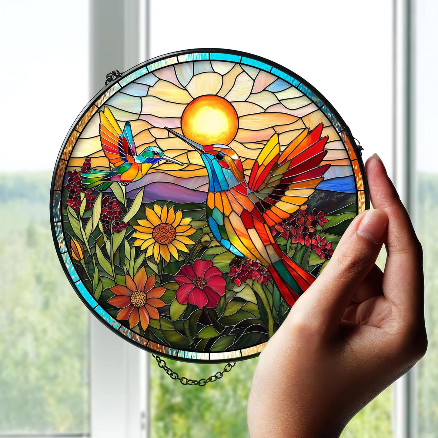 7.8'' Hummingbird Suncatcher Stained Glass Window Hanging Birds Glass Panel with Metal Chain and Hooks Suncatchers Door Home Decor Mother's Day Christmas Gift for Women Mom Nana Bird Lovers