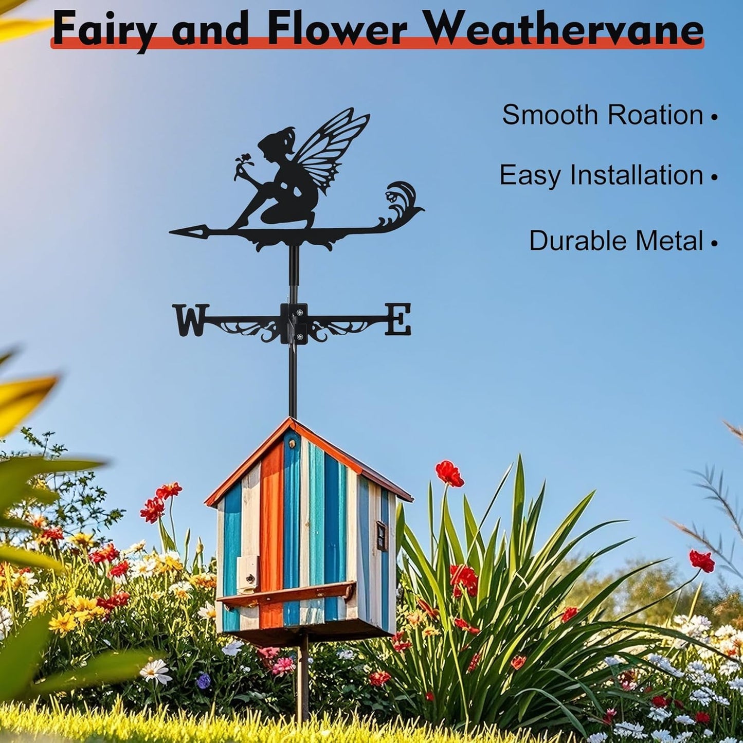 Fairy and Flower Weather Vane, Black Metal Weathervane Roof Mount, Win