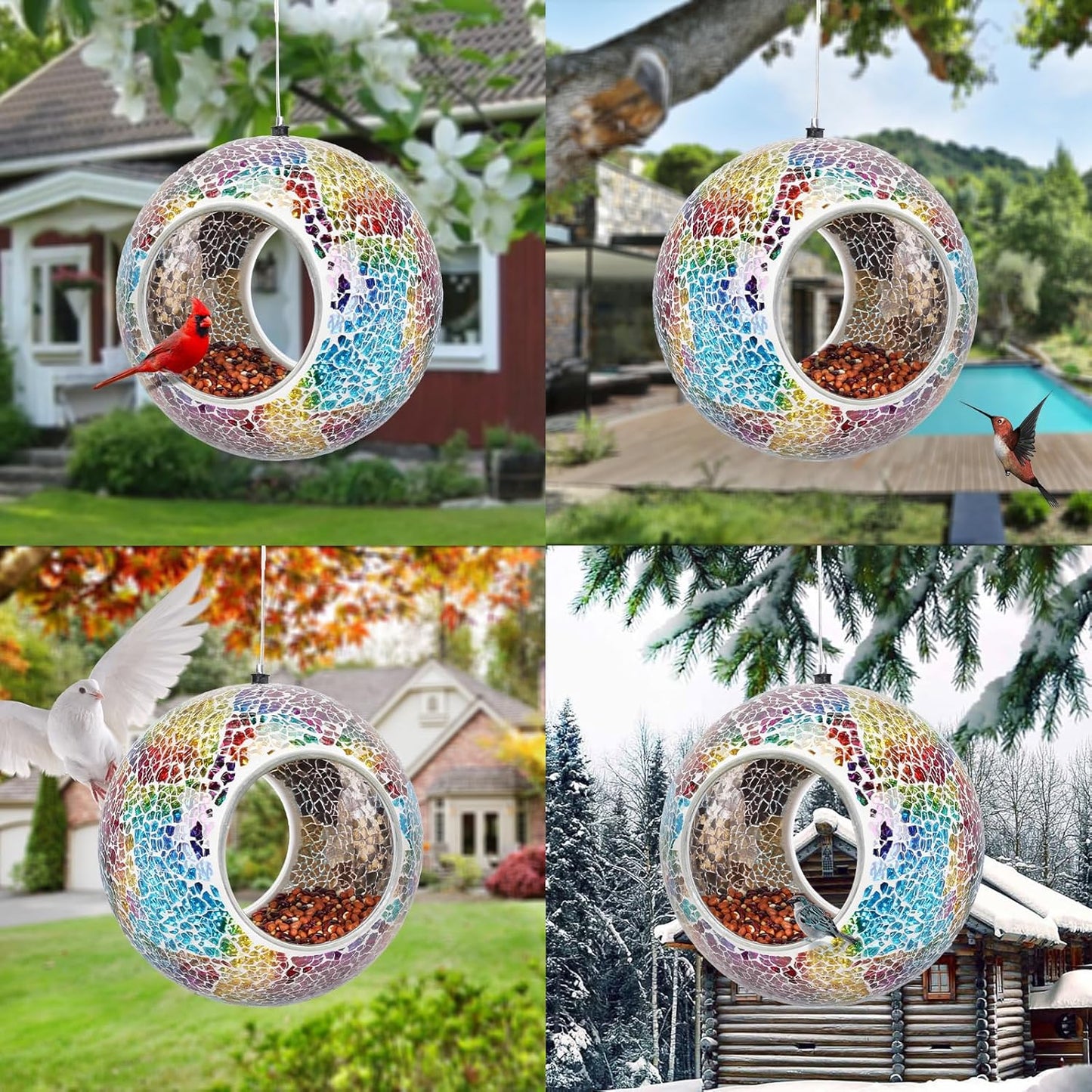 Yinns Mosaic Bird Feeder- Fly Through Glass Bird Feeders for Outside Hanging with Round Shape Glass Container Wild Birdfeeder for Garden Decor, 6.5 Inch Multicolor