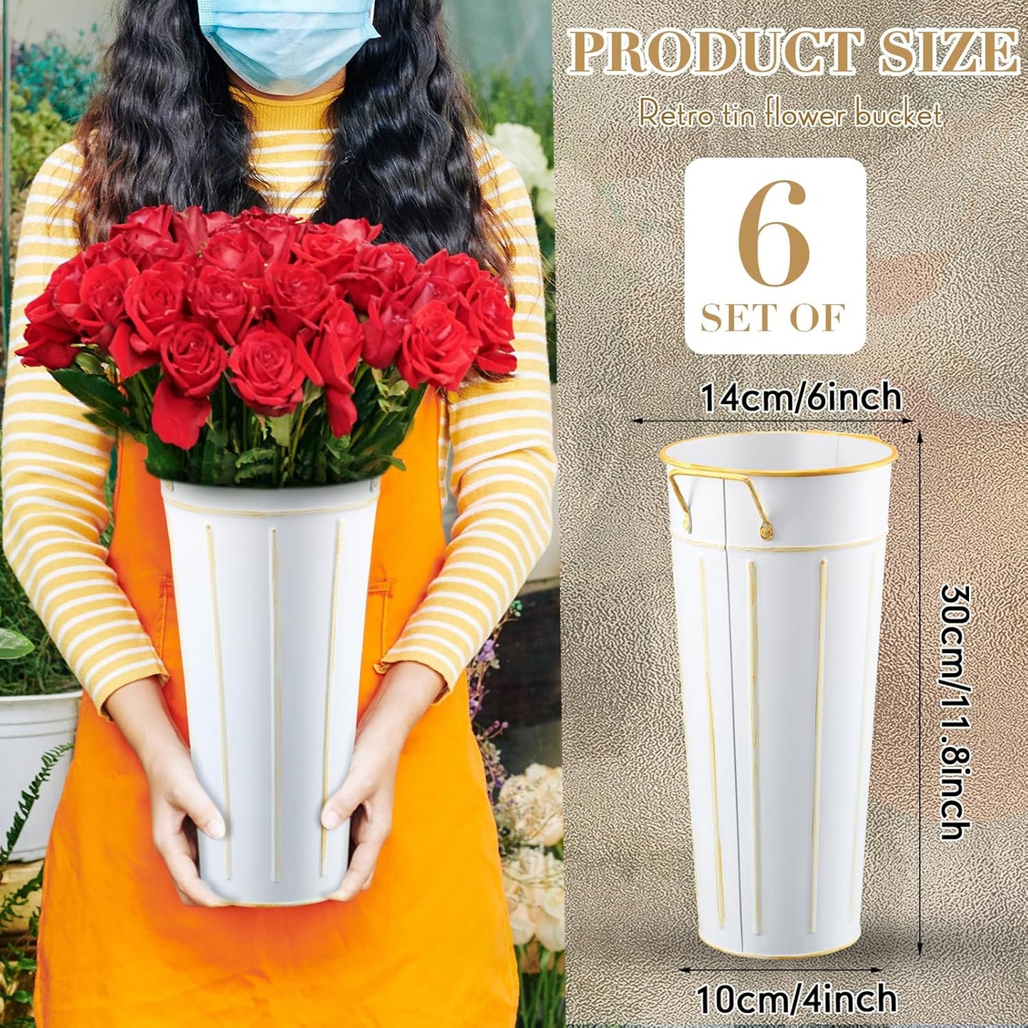 Domensi 6 Pcs 11.8'' Galvanized Metal Vase with Handle Rustic Galvanized Vase Planter Bucket for Fresh Flowers Dried Floral Decor Farmhouse Table Centerpiece Decoration for Wedding(White)