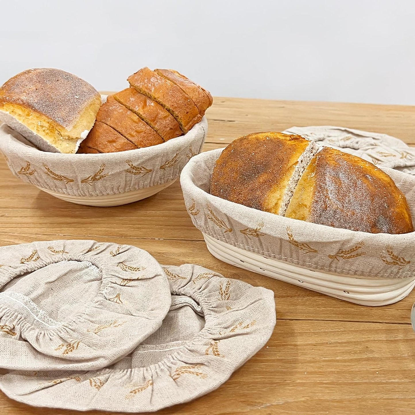 SNAIL GARDEN Bread Proofing Basket Cloth Liner - 3 Oval (10") & 3 Round (9"), Wheat Pattern Reusable Banneton Basket Liners, Linen Cotton Proofing Basket Covers for Bread Making