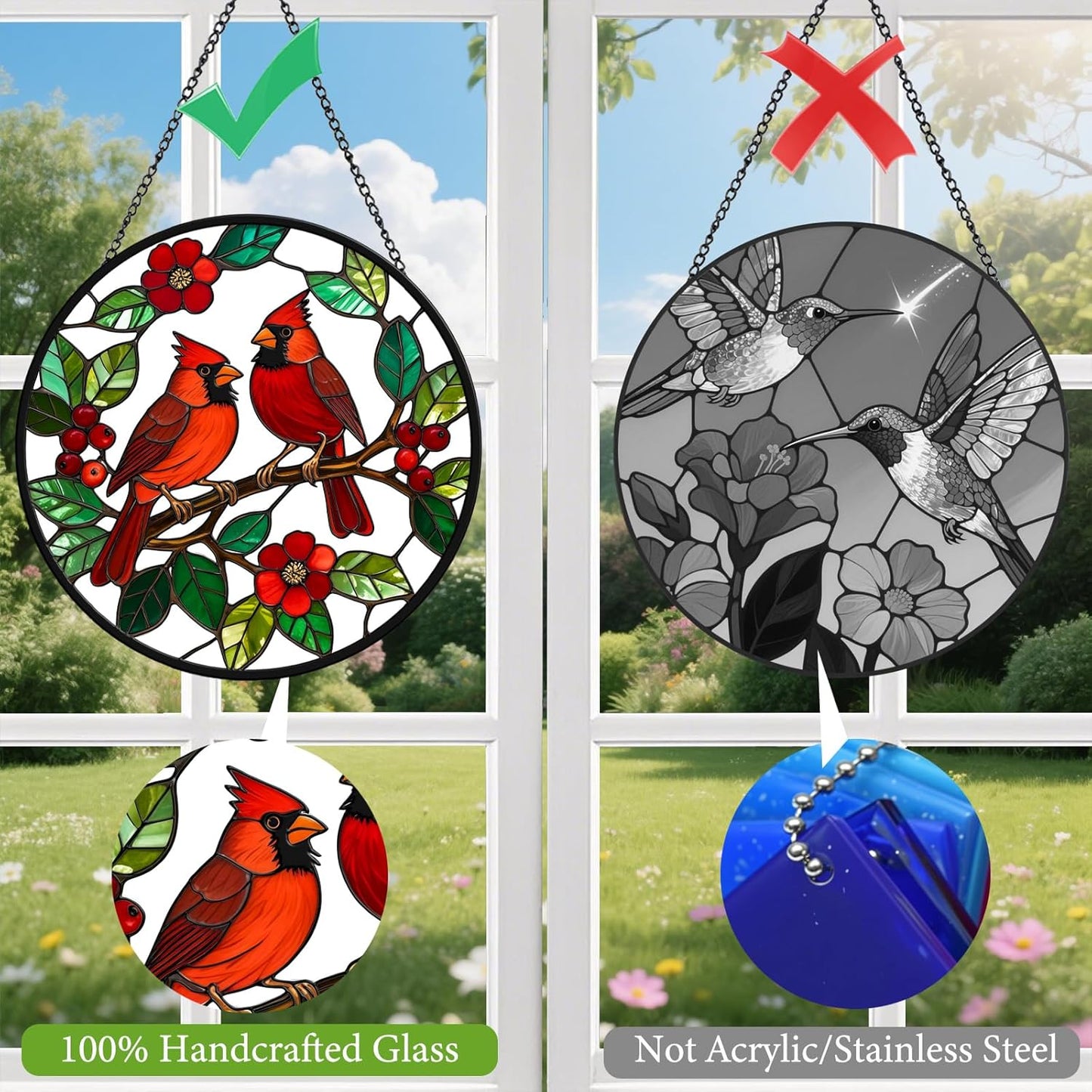 Stained Glass Window Hanging, 8'' Cardinal Suncatcher Stain Glass for Windows Hanging, Hand Painted Sun Catchers Indoor Window, Gift for Women, for Birds Lovers
