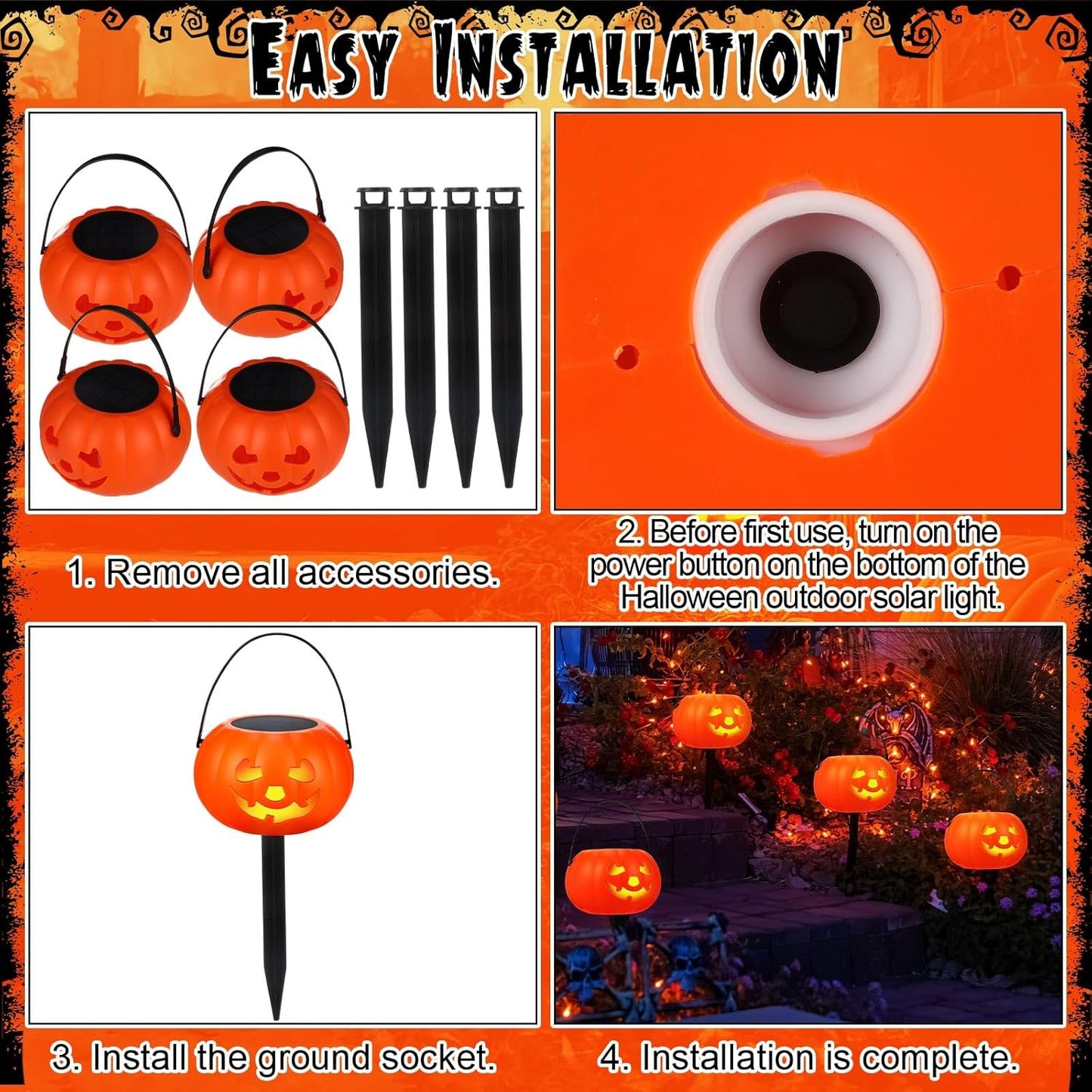 4 Pcs Halloween Pumpkin Pathway Markers Solar Light up Orange Jack O Lantern Stake LED Waterproof Plastic Pumpkin Light for Garden, Balcony, Yard, Lawn, Pathway, Walkway Halloween Decor