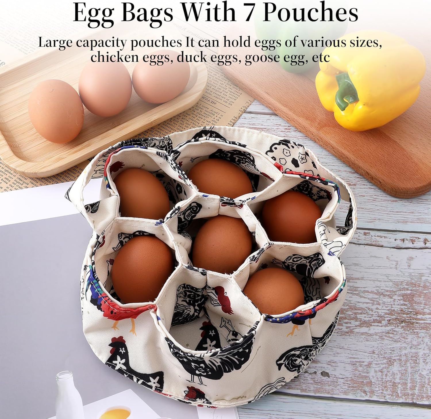 1 Pc Egg Collection Basket, Farmhouse Chicken Egg Holder with 7 Bags, 