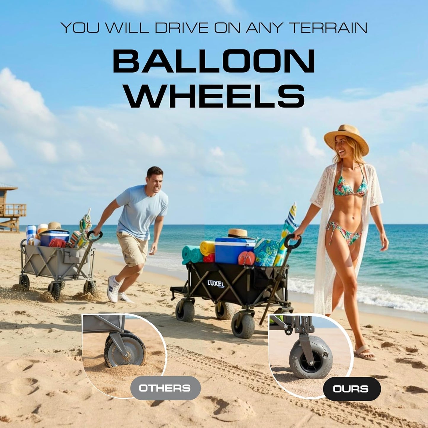 Beach Wagon Cart with Big Wheels for Sand - Heavy Duty Collapsible Fol