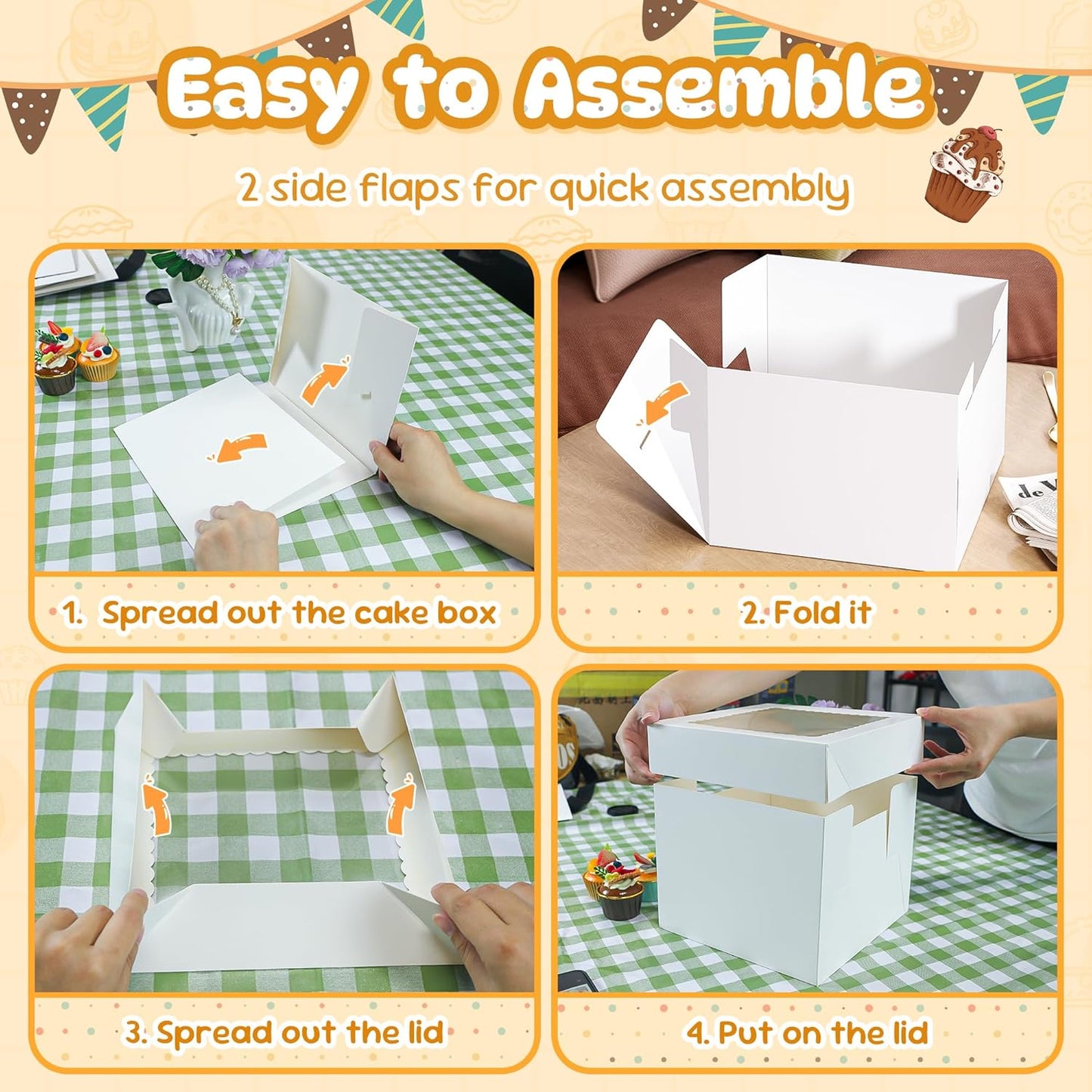 3 Pack Cake Boxes, 10x10x8 Inches Tall Cakes Box with Window, White Cake Boxes with Cakes Boards, Square Bakery Box, for Cake, Treat Cookie Dessert, Pastry, Birthday Party, Mother's Day, Weddings