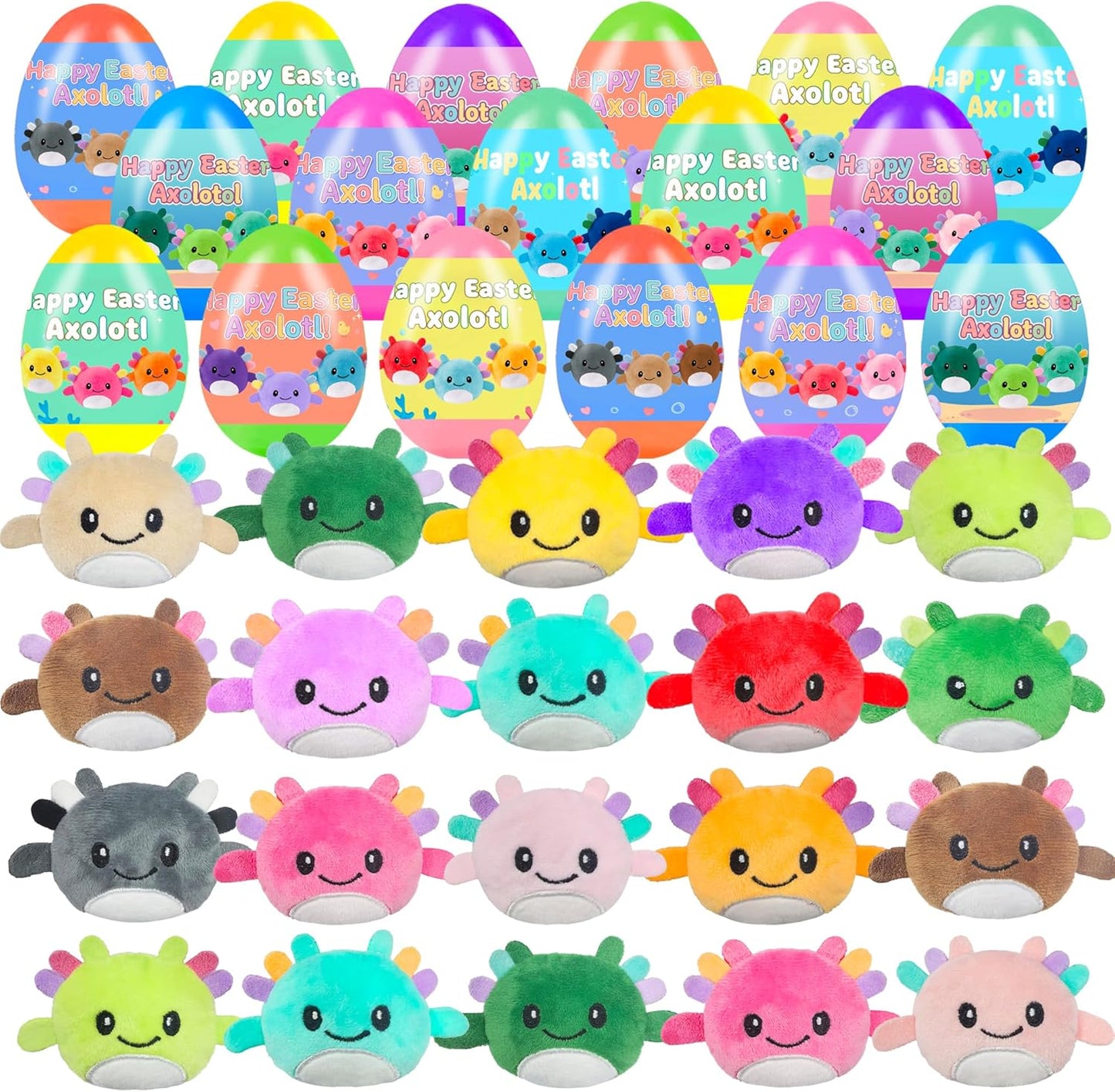 24 Pcs PreFilled Easter Eggs with Plush Axolotl Toys Animals Decoration Stuffed Toy Great for Kids Boys Girls Toddler Easter Basket Stuffers Party Favors Egg Fillers