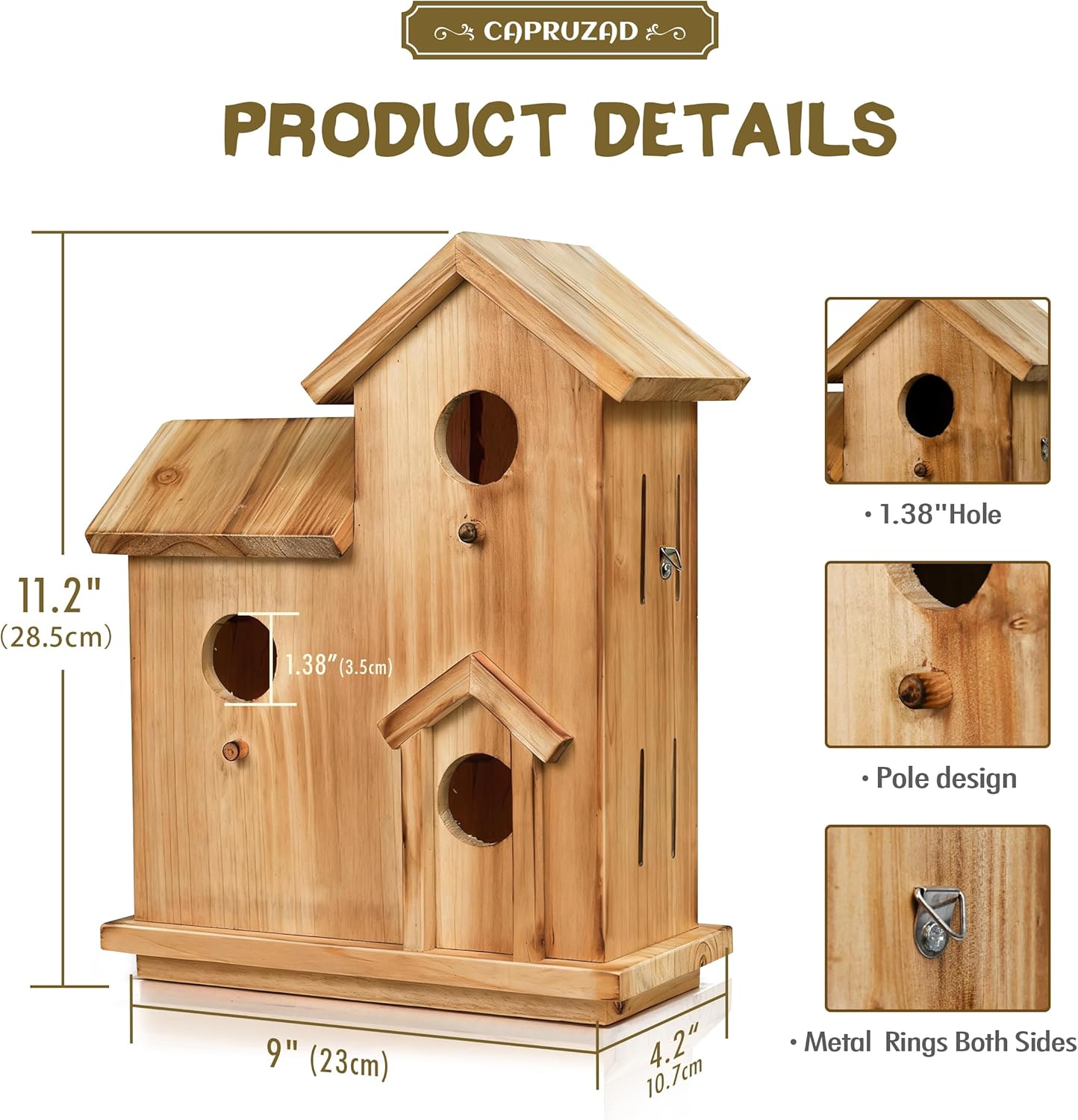 3-Chamber Wooden Bird House with Rope, Outdoor Bird Nesting Box with 3 Entry Holes, Multi-Level Shelter for Small Birds (Wood, 3 Chamber)