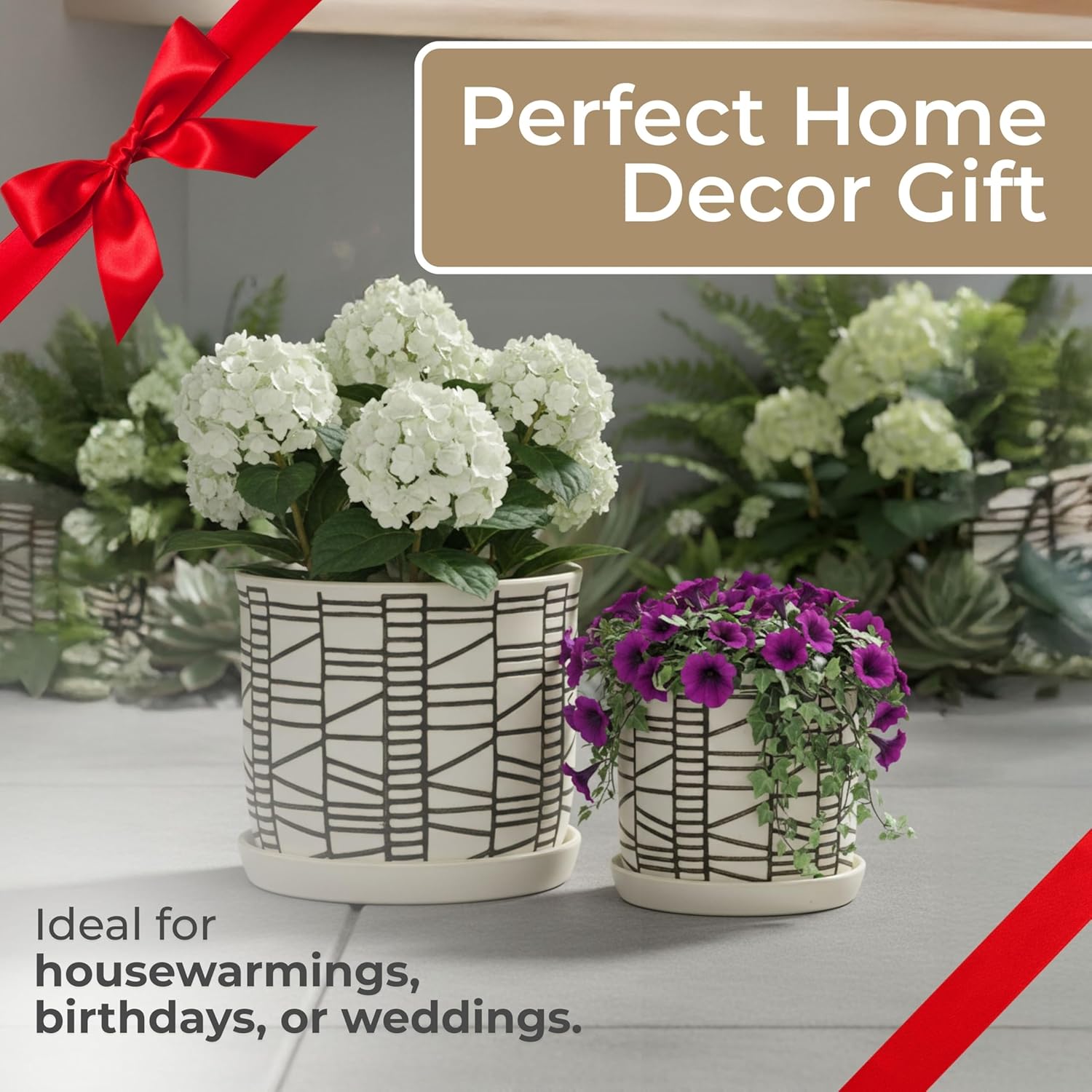 Set of 2 Geometric Decorative Ceramic Planter Pots with Saucer – Stone