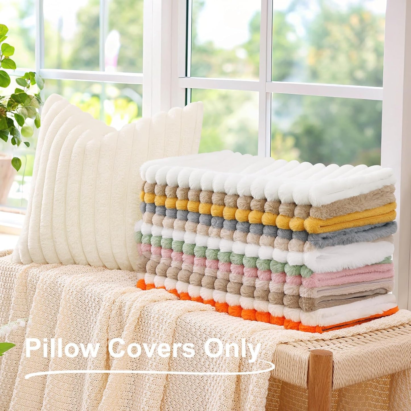 decorUhome Cozy Faux Fur Spring Throw Pillow Covers 18x18 Set of 2 Decorative Soft Plush Striped Modern Farmhouse Boho Couch Pillow Cases with Velvet Back for Sofa Bed Living Room, Cream White