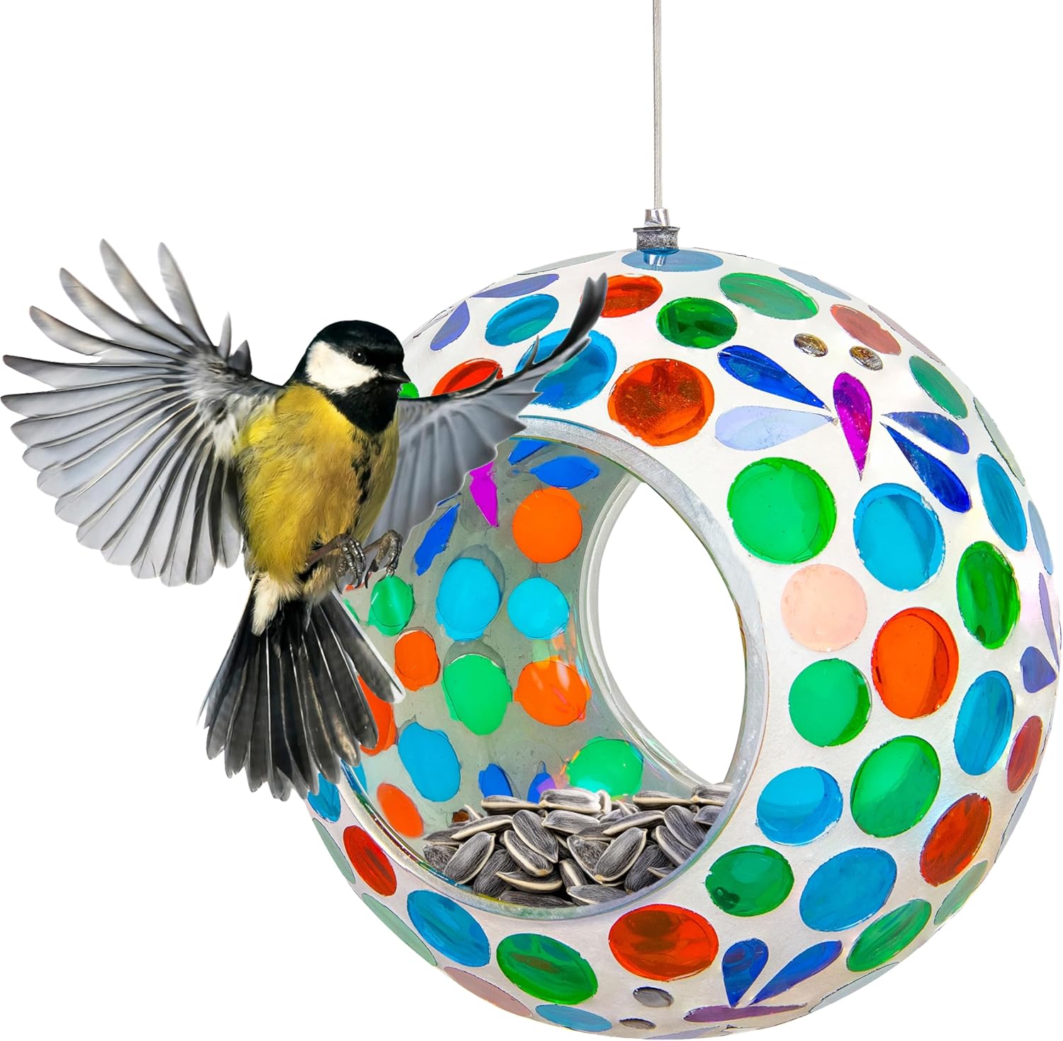 Sunnydaze 6-Inch Glass Mosaic Hanging Bird Feeder for Outdoors - Fly-T