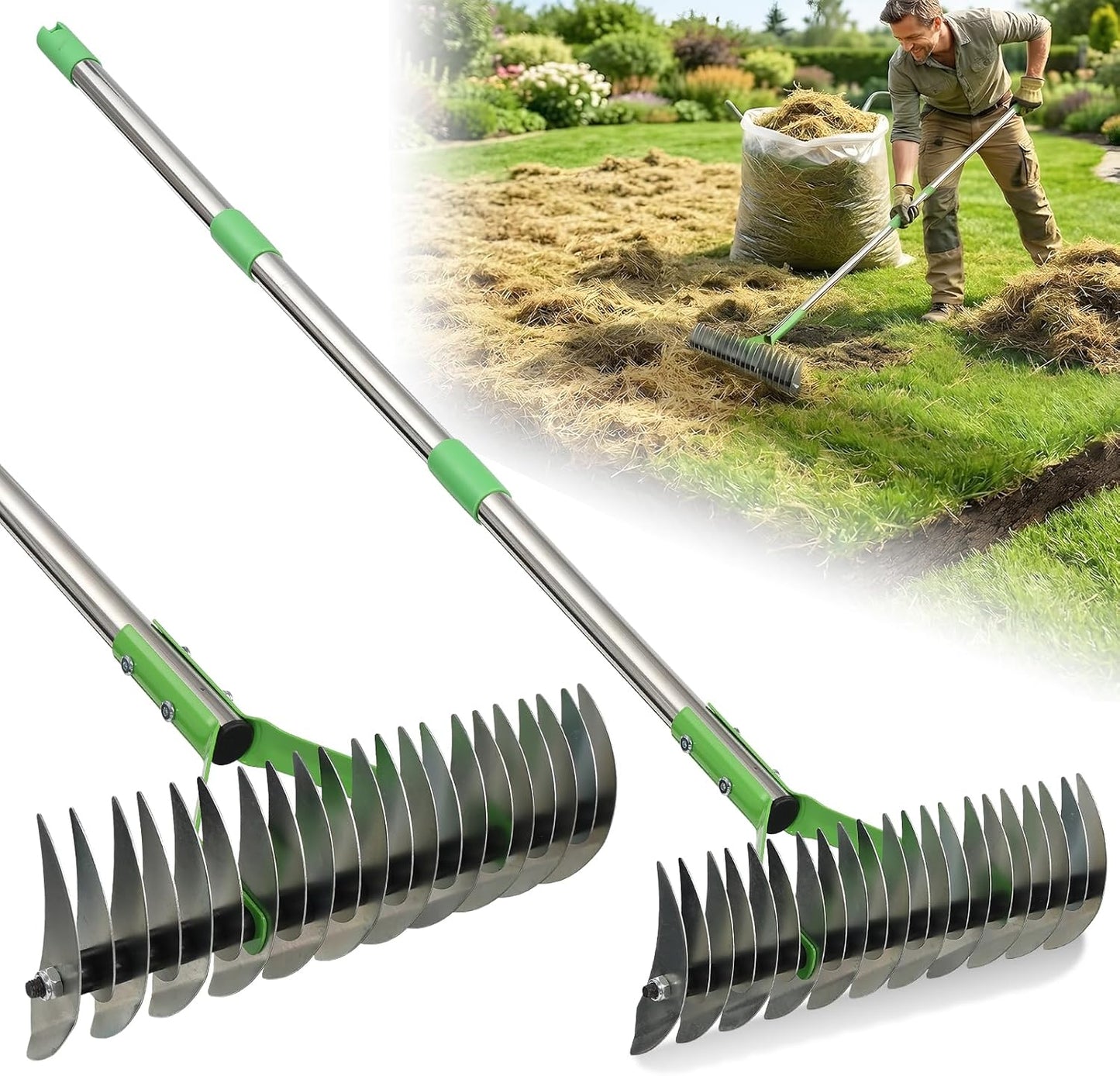 Heavy Duty Thatch Rake for Lawns - Deep-Clean Dethatching Rake for Dea