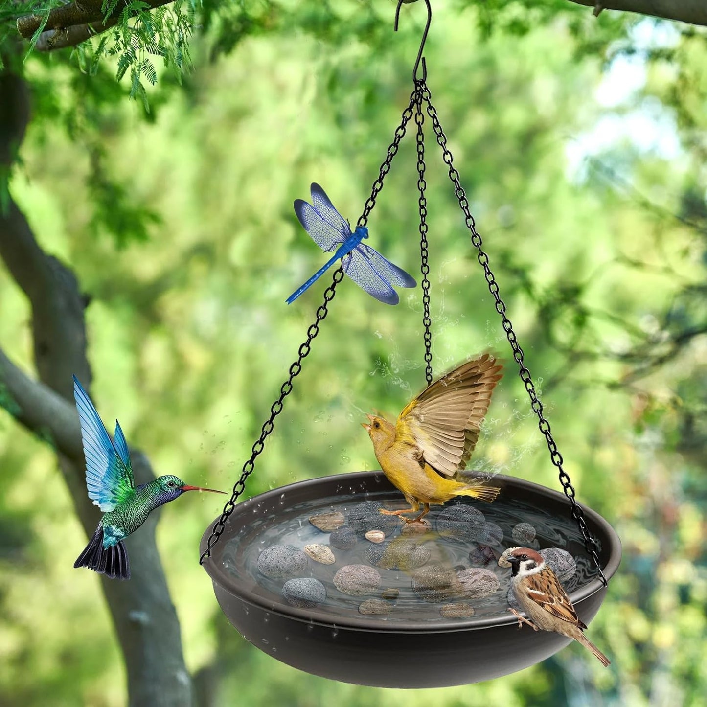 Hanging Bird Bath for Outside,11" Metal Bird Feeder Birdbath Bowl with 13.5" Rust-Proof Black Chains for Garden Backyard Decor with Magnetic Dragonfly Decor Dark Curry
