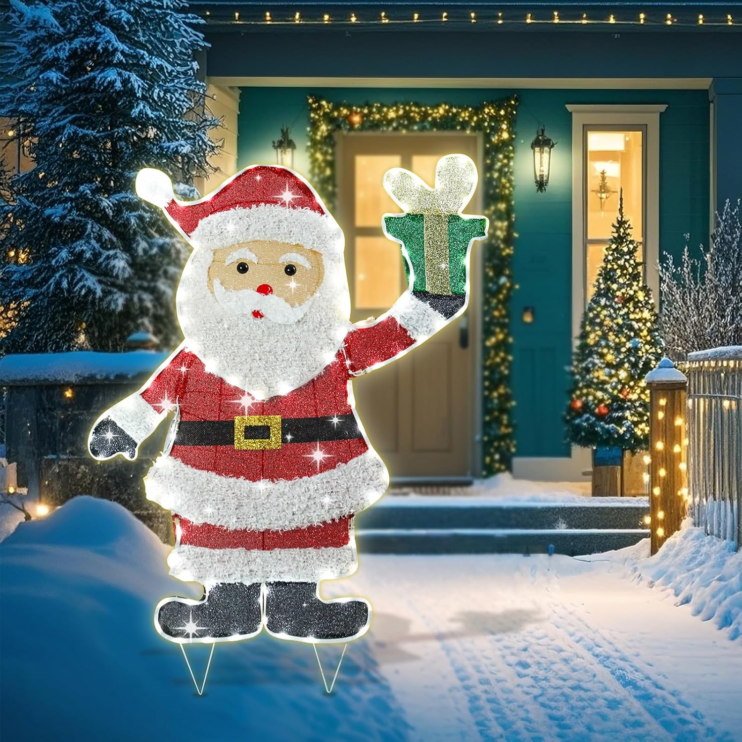 Lighted Santa Claus Christmas Decorations, Pre Lit White Neon Light Sa