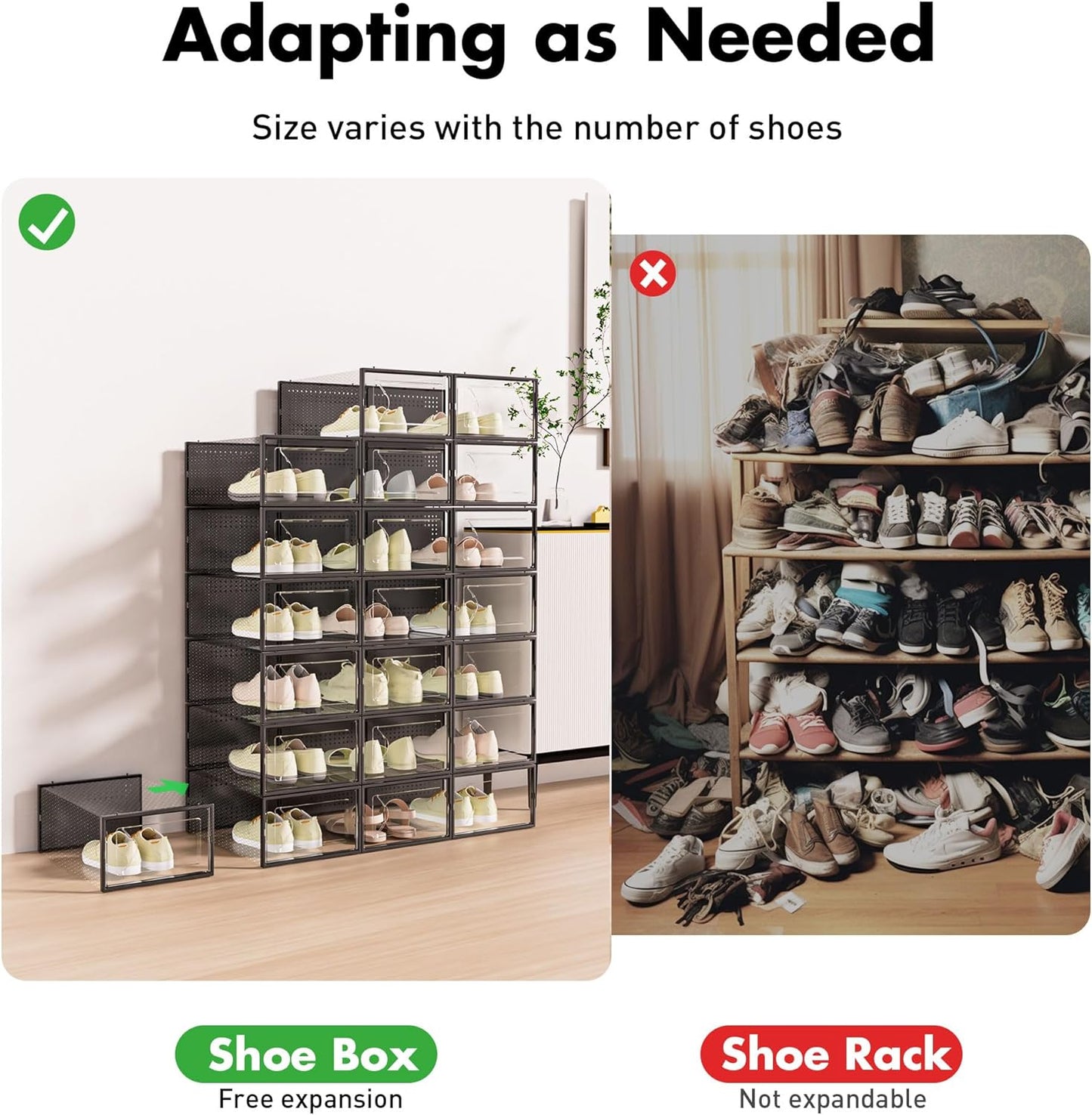 Shoe Storage Box, 15 Pack Clear Plastic Stackable Shoe Organizer for Closet, Interlocking Design for Sneakers, Foldable Shoes Container Rack with Lids, Black