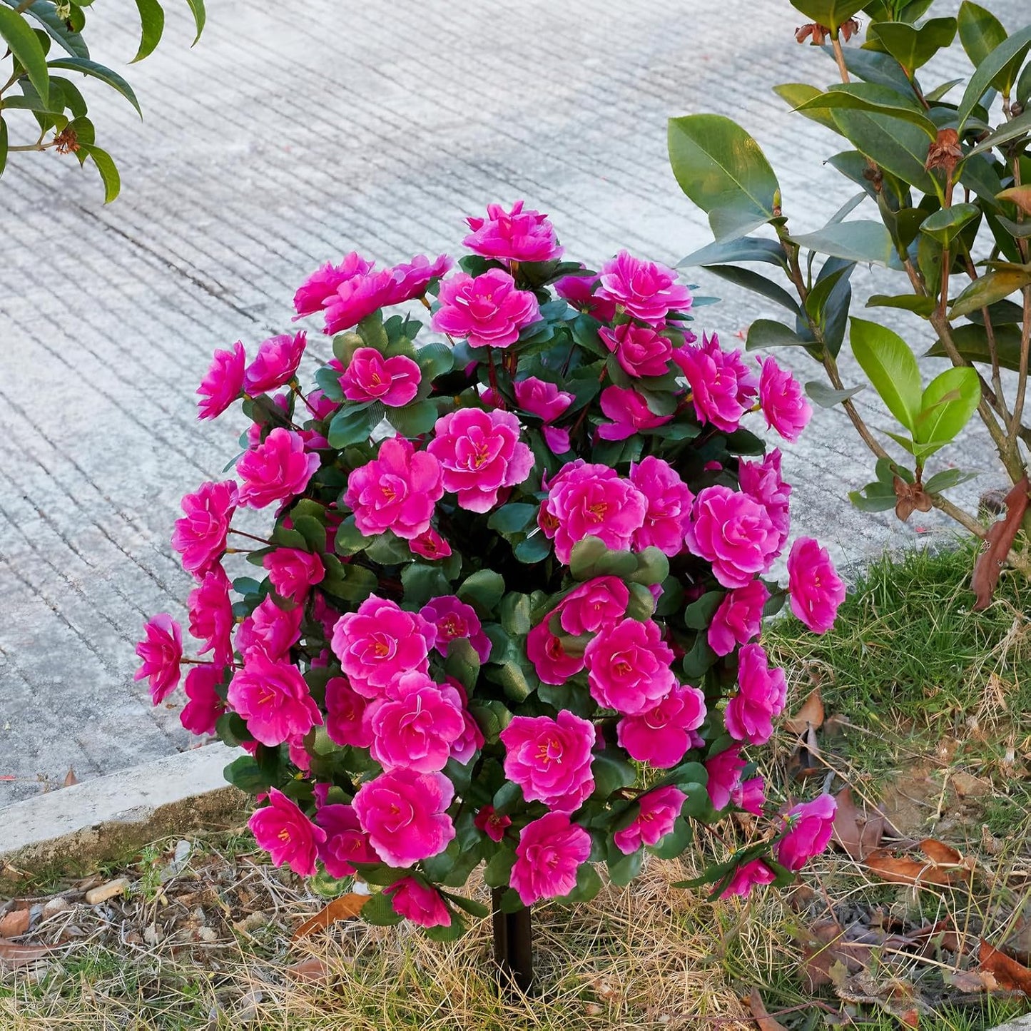 Artificial Silk Flowers Azalea for Outdoor with Ground Spike, Spring Summer 23" Faux Floral Topiaries Ball Bushes Shrubs for Home Garden Yard Patio Decor UV Resistant (Purple)