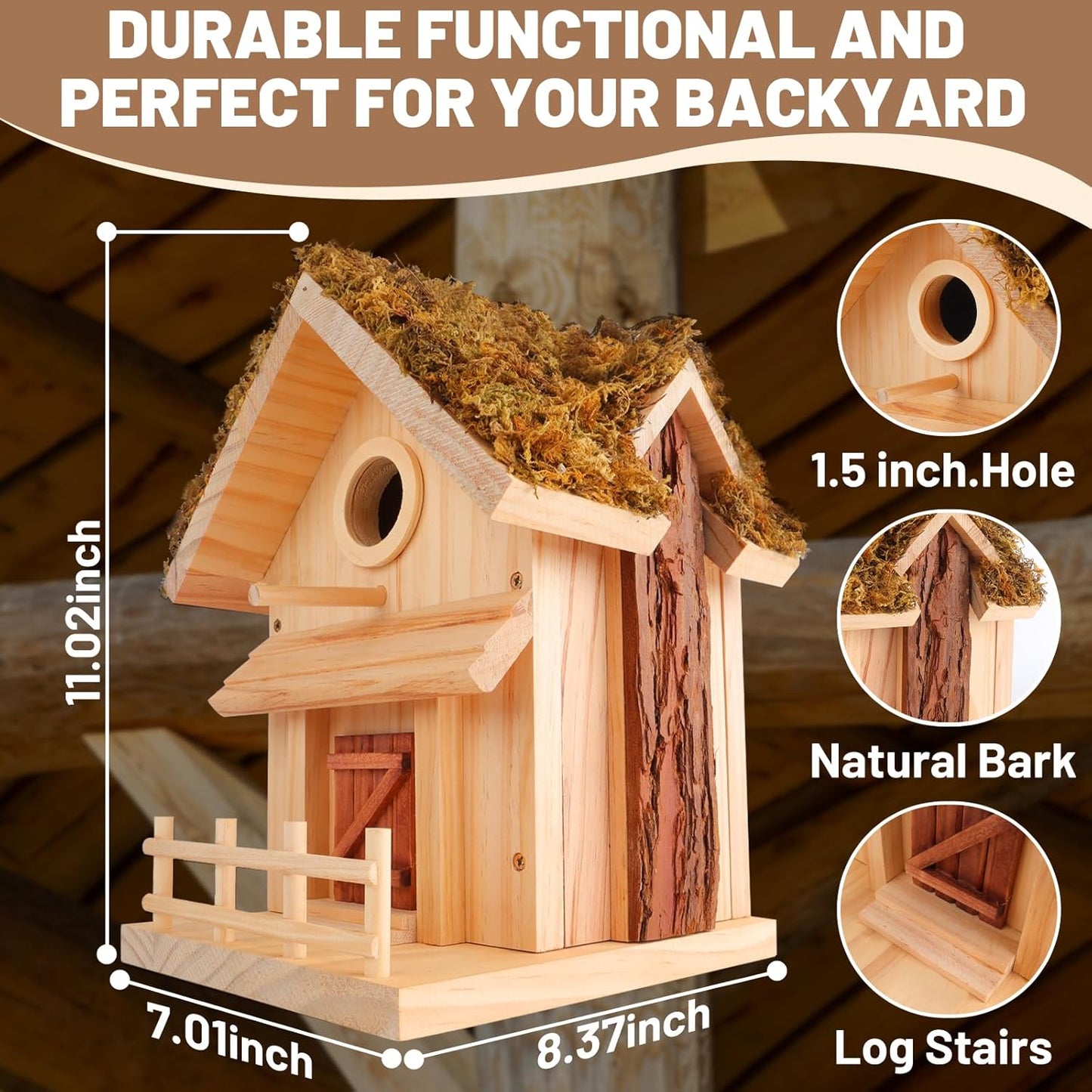 Cottage Style Birdhouse Kit - DIY Bird House for Outdoors, Cedar Roof & Front Porch, Natural Bark Siding, Premium Pine Wood, Fun Family Craft Project