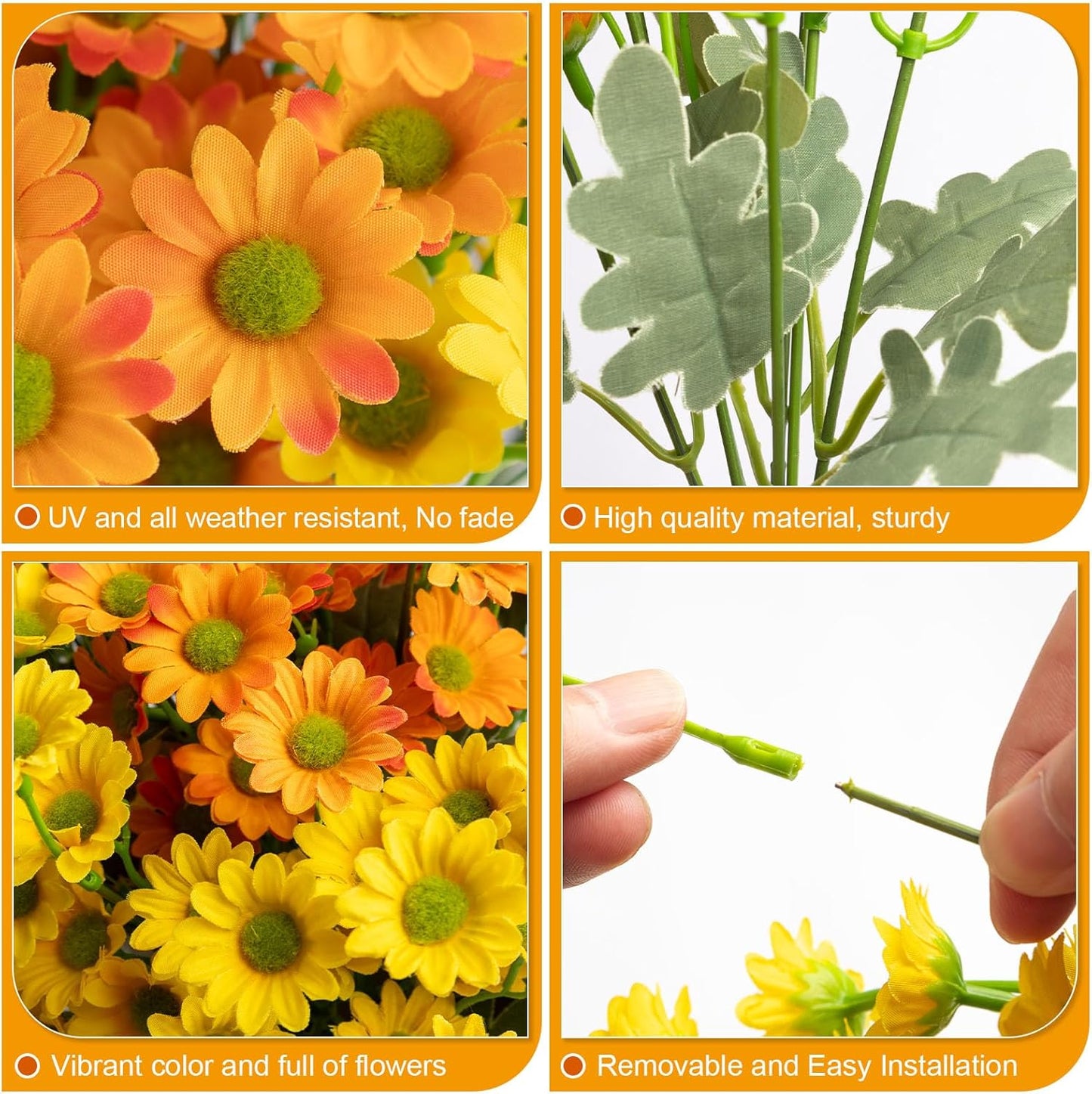 Daisy Artificial Fake Flowers Plants for Outdoor Outside Fall Decor, 6 Bundles Fake Mums UV Resistant Look Real for Planter Pot Porch Patio Balcony Garden Yard (Orange Yellow)
